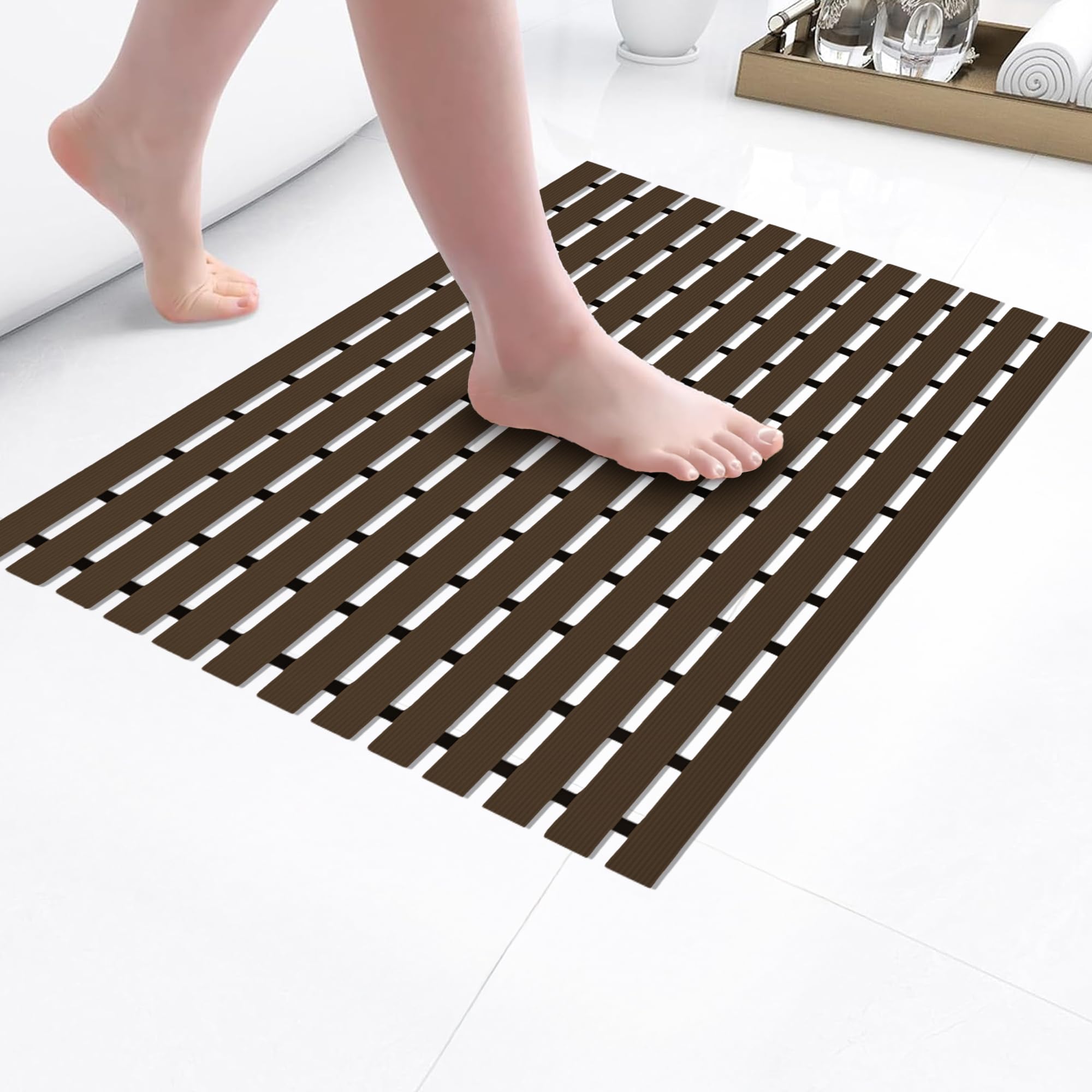 Kuber Industries 60x40 cm Anti-Skid Mat for Bathroom with Rubber Base | Shower Mats for Bathroom Anti Slip | Foot Mat for Preventing Slips & Falls in Wet Areas | Stripe Design - Brown