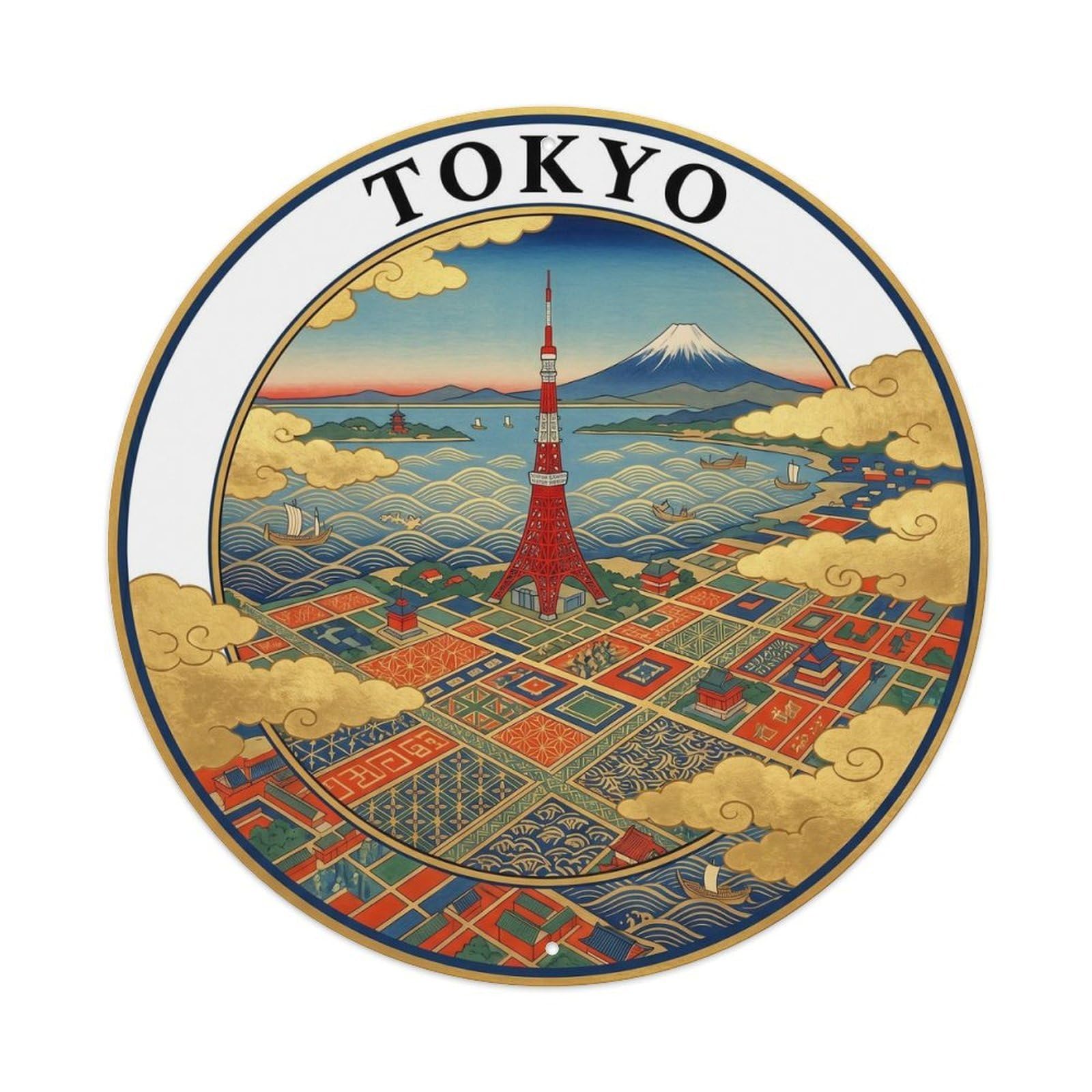 Olyhtr 8X8inch Classic Style Tokyo Tower Fuji View Japan Birds Eye Azurite Red Metal Tin Sign