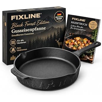 FIXLINE Cast Iron Pan in Black Forest Edition 28 cm Original Induction All Hobs Including Induction Enamelled No Burning Requ