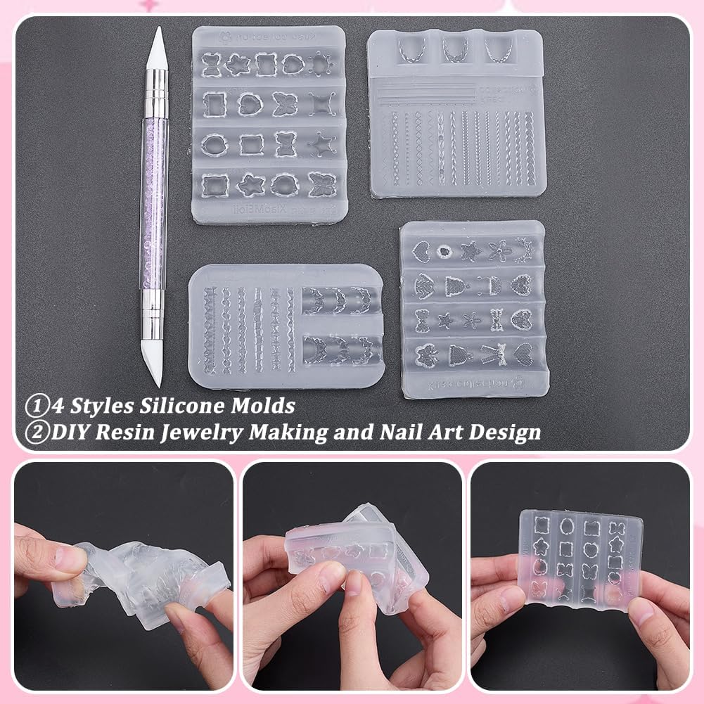 4Pcs 4 Styles Nail Mold Silicone Tools 5.31x0.39inch Nails Charms Silicone Molds Resin Nails Accessories with Nail Art Brush Pen Resin Art Mold for Women DIY Manicure Supplies