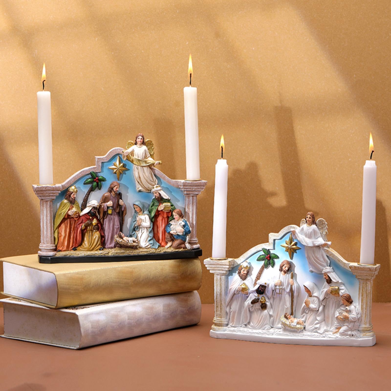 Soporte para belén con figuras de la Sagrada Familia Resina Decoraciones de Adviento de Navidad para vacaciones Regalos de mesa Santa Familia Cuna con Candelabro