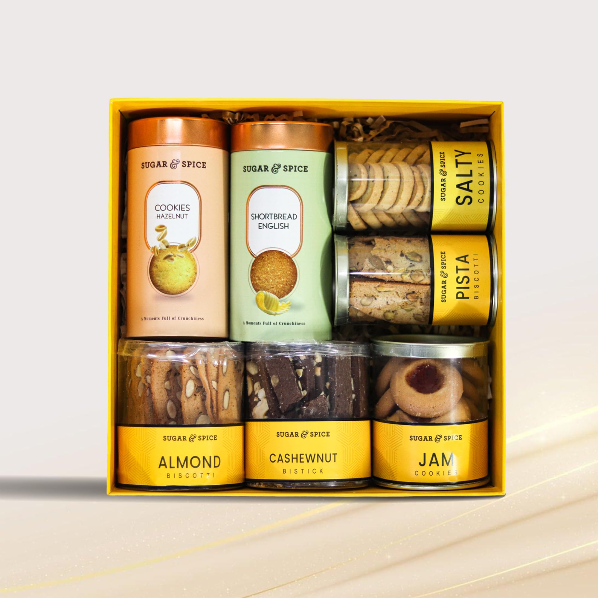 Sugar and Gift Hamper Box | Hazelnut Cookies, Shortbread Cookies, Salty Cookies, Pista Biscotti, Almond Biscotti, Cashewnut Bistick, Grandma Jam Cookies | Premium Festive & Corporate Gifting Hampers | Marigold Assortment Gift Hamper-image-18