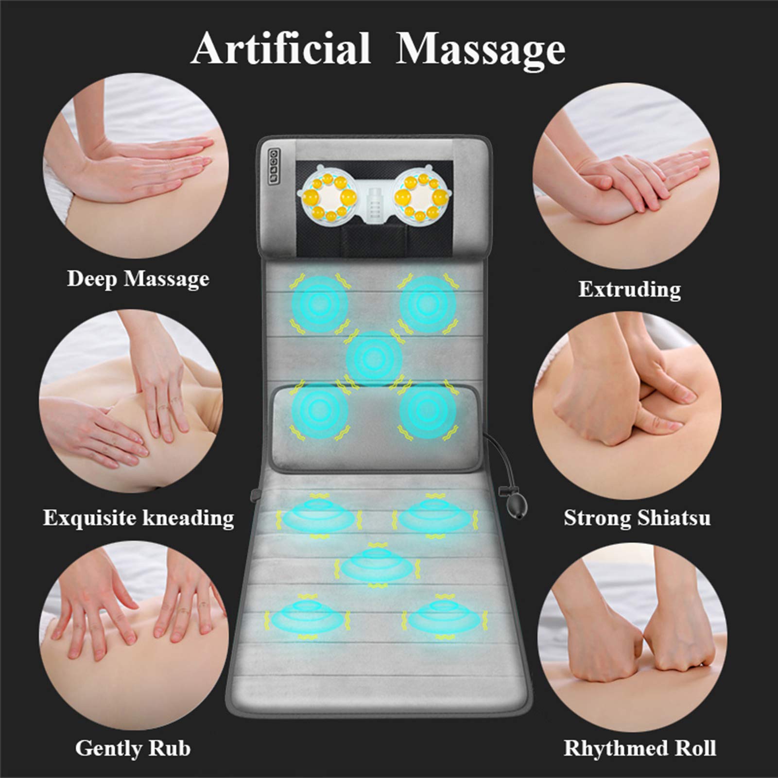Colchonetas de masaje Comfier, colchón de masaje calentado para todo el cuerpo con 20 cabezales de masaje de amasamiento Shiatsu para cuello, espalda, almohadilla térmica para relajación de múscu