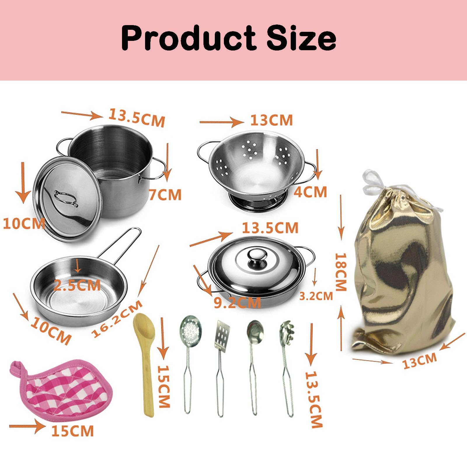 Kitchen Toys Toy Pots and Pans Set 12 PCS Stainless Steel Pretend Cooking Utensils Cookware Set Play Pots and Pans Toys Packed In a Golden Cloth Bag Chef Role Playset Cooking Set - Image 2