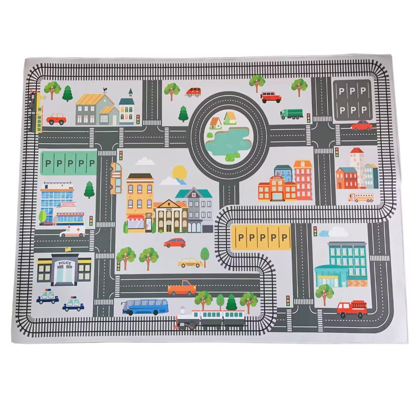 Mata do zabawy City Toy Activity Playmat Road, Mata do zabawy dla samochodzików i pociągów z widokiem na miasto, antypoślizgowy spód, różne rozmiary(Grey,62.9in*90.5in)