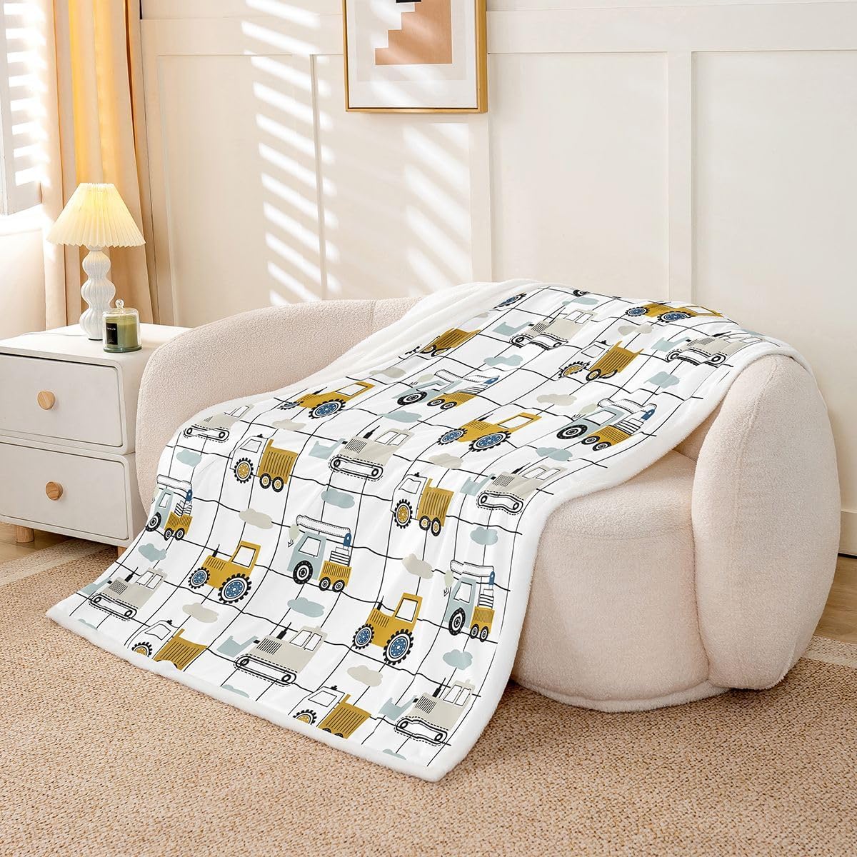 Feelyou Construction Fleece Throw Blanket Twin 60"x80" Kids Equipment Trucks Plush Blanket for Boys Teens Construction Vehicles Sherpa Blanket Excavator Tractor Plaid Grid White Fuzzy Blanket