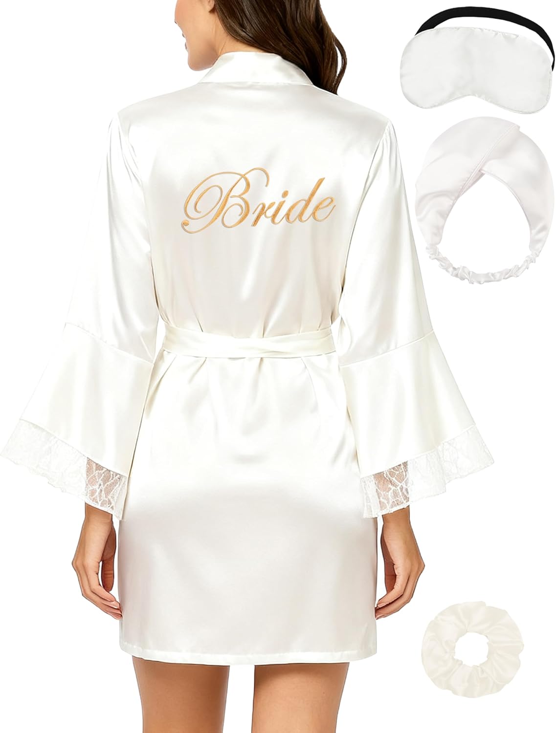 EPLAZA Bride Robe for Wedding Day Womens Satin Silk Short Embroidery Robe Sleepwear Double Layered Sleeves with Lace