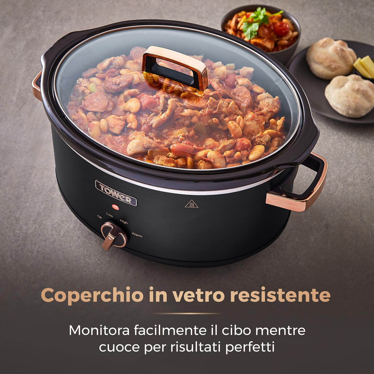 Tower T16043BLK Slow Cooker Cavaletto da 6,5 Litri con 3 Impostazioni di Calore, Manici Cool Touch, Elettrodomestici Cucina, Nero e Oro Rosa