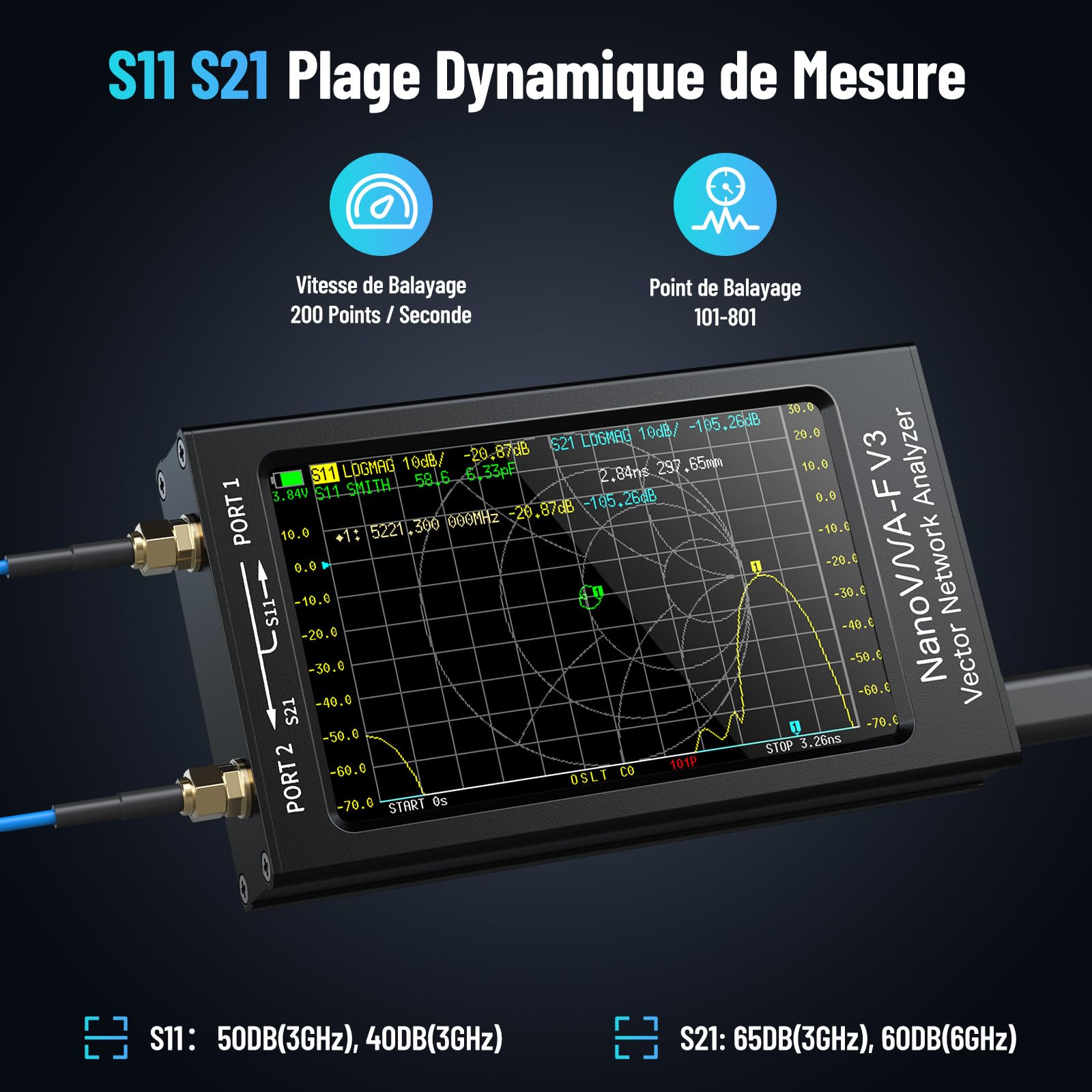 Seesii NanoVNA-F V3 Analyseur de Réseau Vectoriel, Analyseur d'antenne 4,3 Pouces 1MHz-6GHz HF VHF UHF VNA pour S-Paramètre, Phase, Retard, Diagramme de Smith