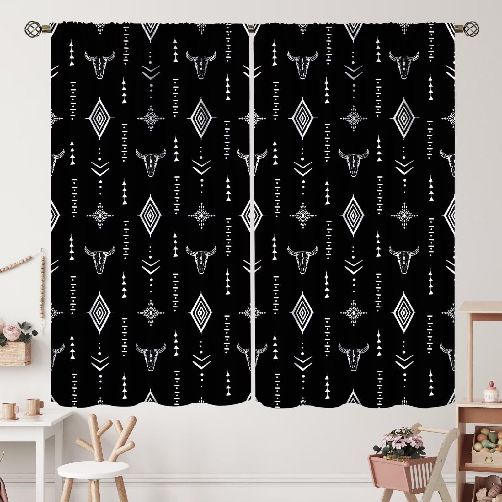 ZhiRain Western Boho Curtains Bull Skull Tribal Aztec Native Pattern Curtain with Rod Pocket for Bedroom Living Room Home Decor Drapes Thermal