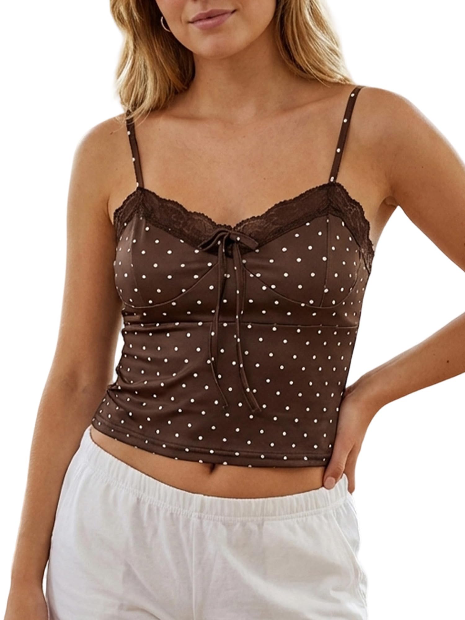 Sexy outfit Damska Y2K w kropki z koronkowym wykończeniem Top na ramiączkach V dekolt Spaghetti pasek Dopasowana krótka koszulka Lato Casual Wyjściowe top