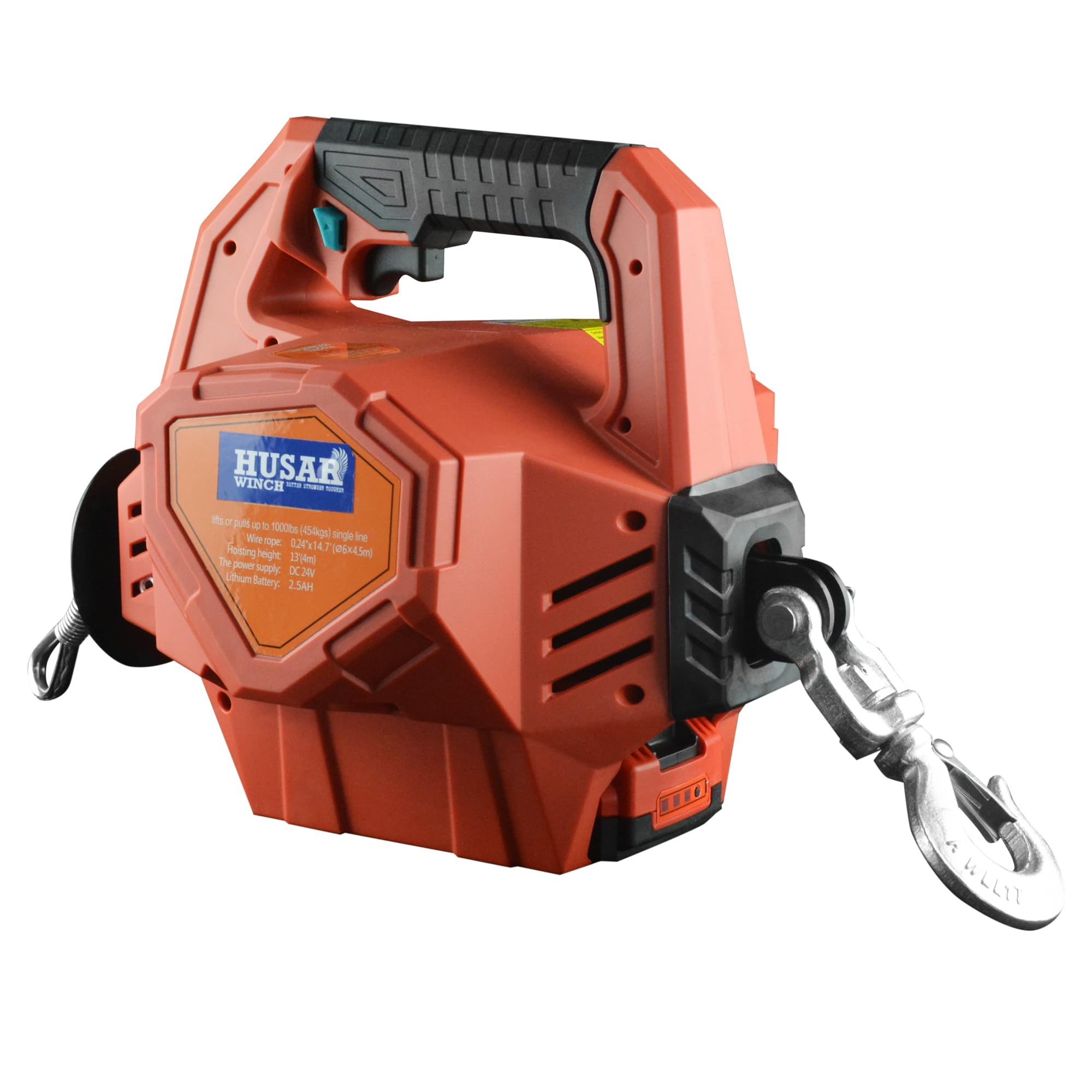 Treuil électrique à batterie portable avec Télécommande sans fil 24 V, 453 kg | 1000 lbs – Treuil avec corde synthétique de 12 m de long, portable pour industrie, remorqueur, remorque
