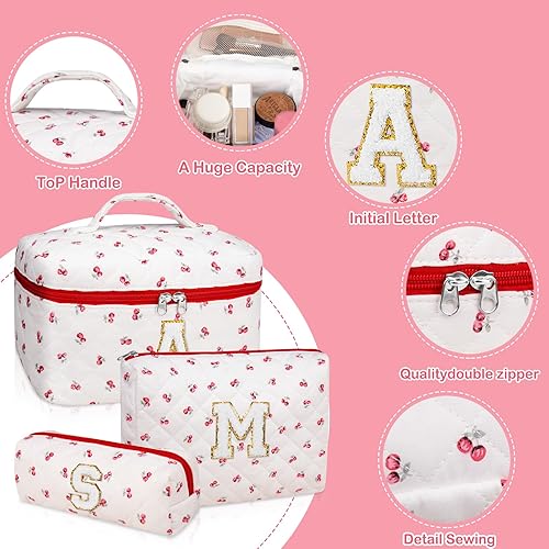Miniatura 3 de Juego de bolsas de maquillaje con iniciales personalizadas, bolsa de maquillaje acolchada, bolsa grande de cosméticos florales para mujeres, lindas