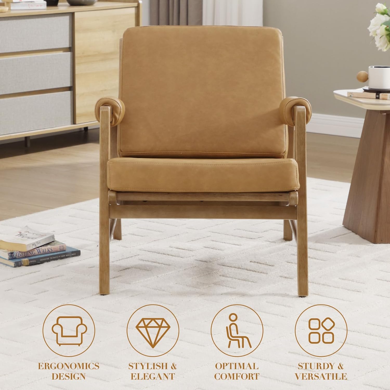 CIMOTA Mid Century Modern Accent Chair, Leather Upholstered Living Room Chairs with Arms, Comfy Reading Chair with Solid Wood Frame, High Back for Bedroom, Waiting Room, Office, Brown