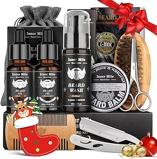 Isner Mile Beard Grooming Kit for Men Care: Trimming Sets with Beard Wash - Oil - Balm - Brush - Comb & Straight Razor, Birthday Christmas Gifts Mens Stocking Stuffers for Him Boyfriend Dad Husband