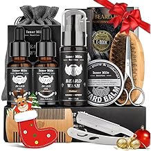 Isner Mile Beard Grooming Kit for Men Care: Trimming Sets with Beard Wash - Oil - Balm - Brush - Comb &amp; Straight Razor, Birthday Christmas Gifts Mens Stocking Stuffers for Him Boyfriend Dad Husband