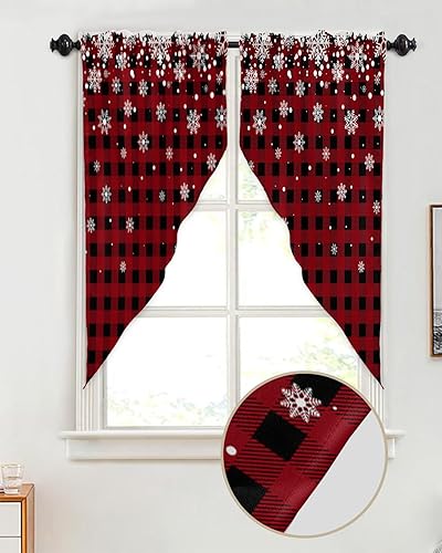 Miniatura 2 de Chees D Zone Cortinas con diseño de copos de nieve, color rojo y negro, a cuadros, con bolsillo para barra, 2 paneles de nieve de invierno,