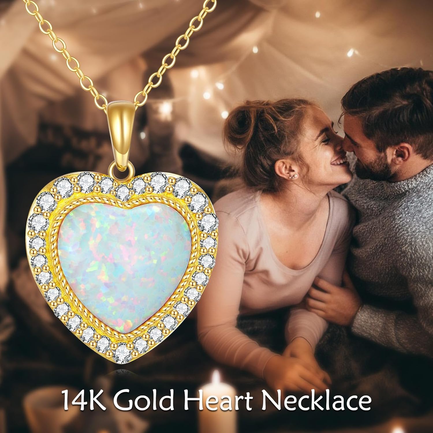 KECHO 14k Gold Heart Opal Necklace for Women Gold Solid Heart Pendant Jewelry Gifts