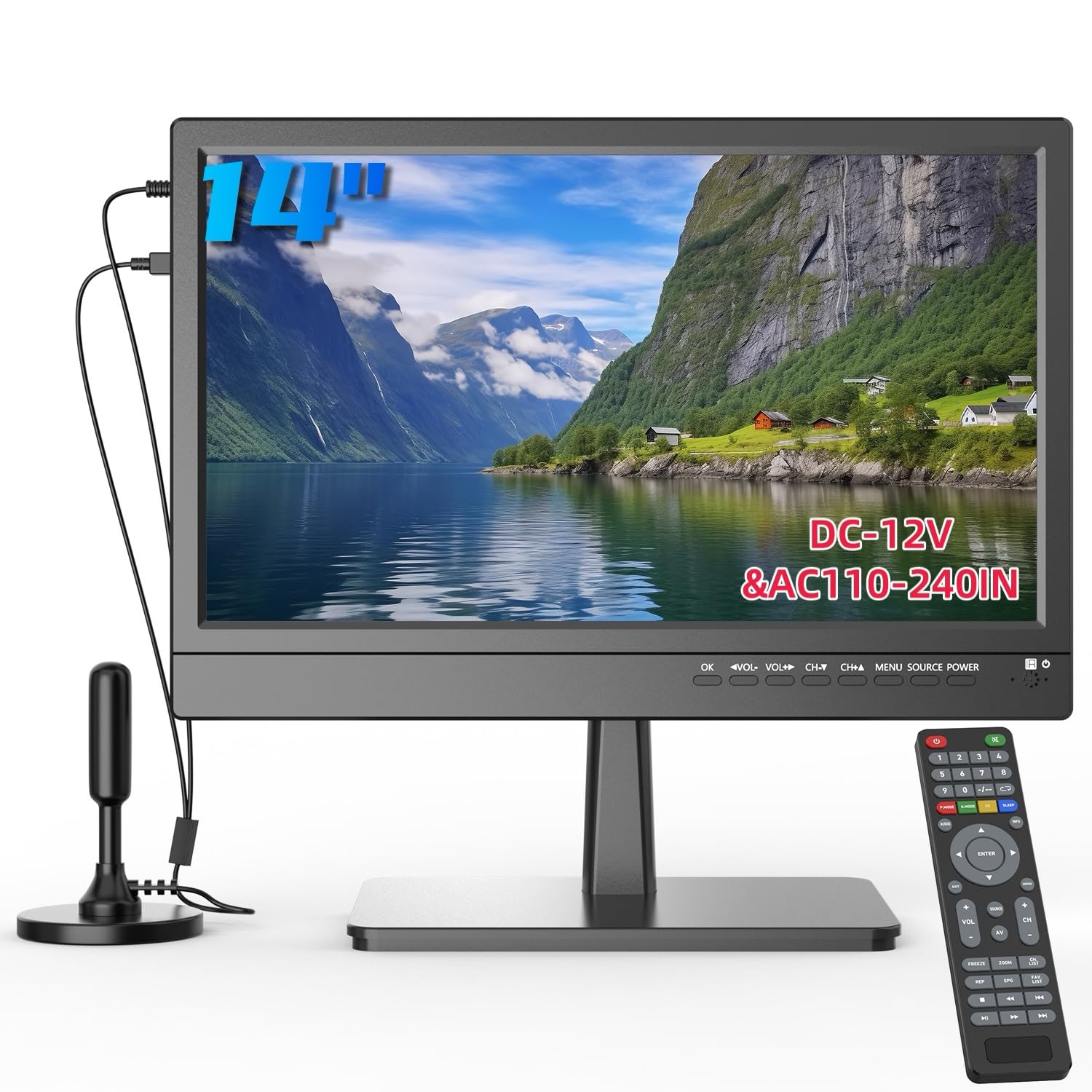 ZOSHING 14" 1080P Screen TV,14 Pulgadas pequeña Televisores con Recepción freeview y Antena,AC-cambios/DC-12V,HDMI USB y VGA Puertos de Entrada para Camper/Monitores/cocinas
