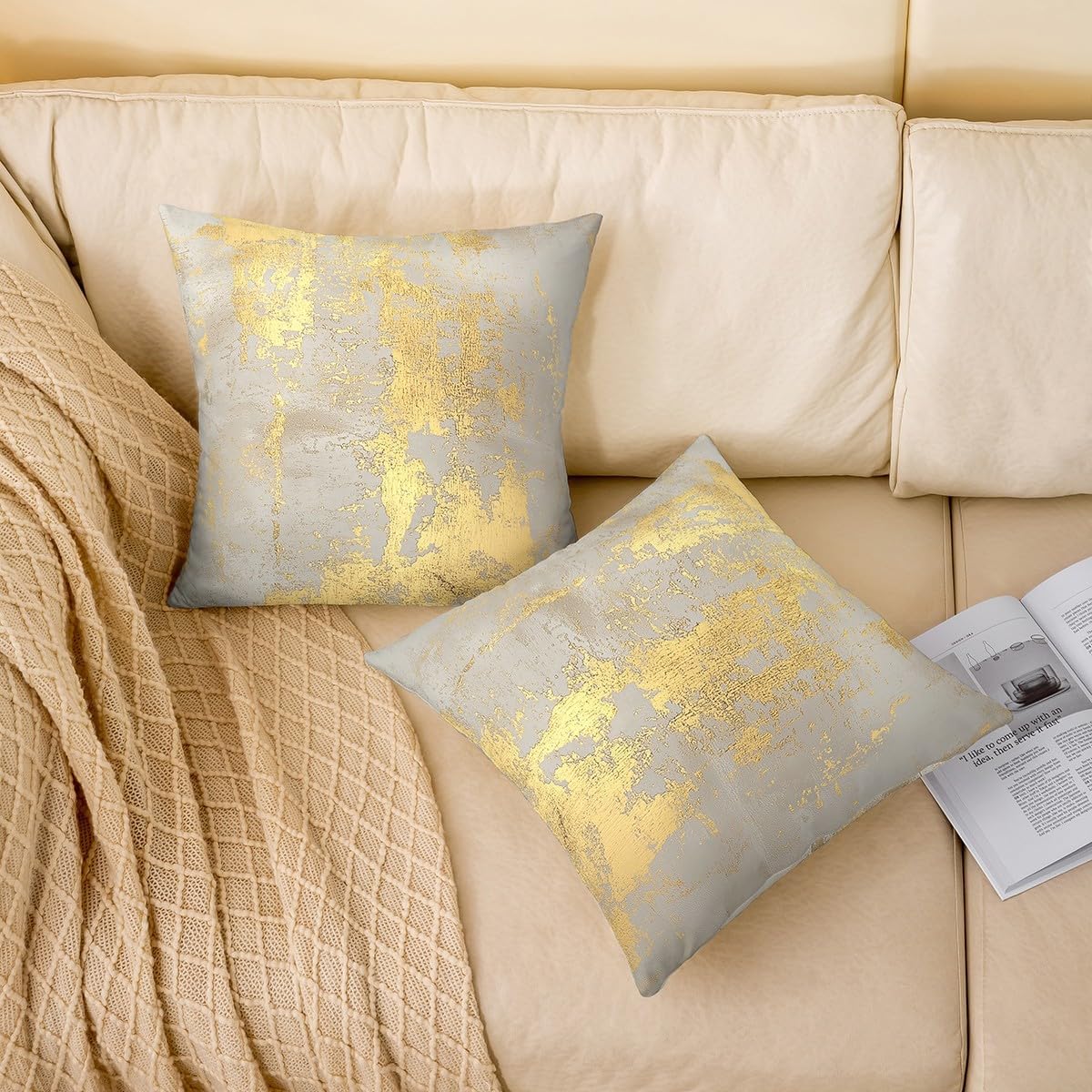 jejeloiu Yellow Gray Abstract Throw Pillow Covers Set of 4 Modern Marble Aesthetic Cushion Case Retro Watercolor Artwork Design Decor Pillowcase Indoor Outdoor Super Soft 16 x 16-Inch