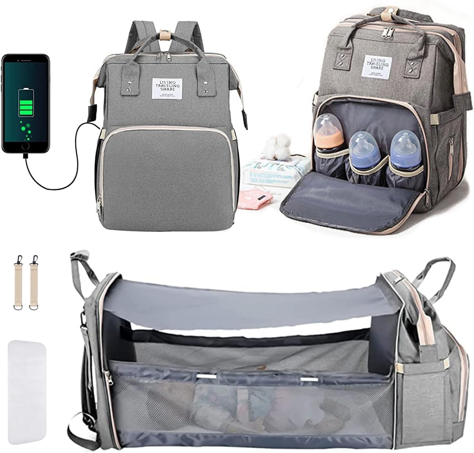 Diaper Bag Backpack, Waterproof Large Travel Back Pack, 3 in 1 with Extendable Folding Crib Pad, USB Charge Port & Stroller Straps, Nappy Bag Newborn Baby Outdoor Travel Shopping Camping