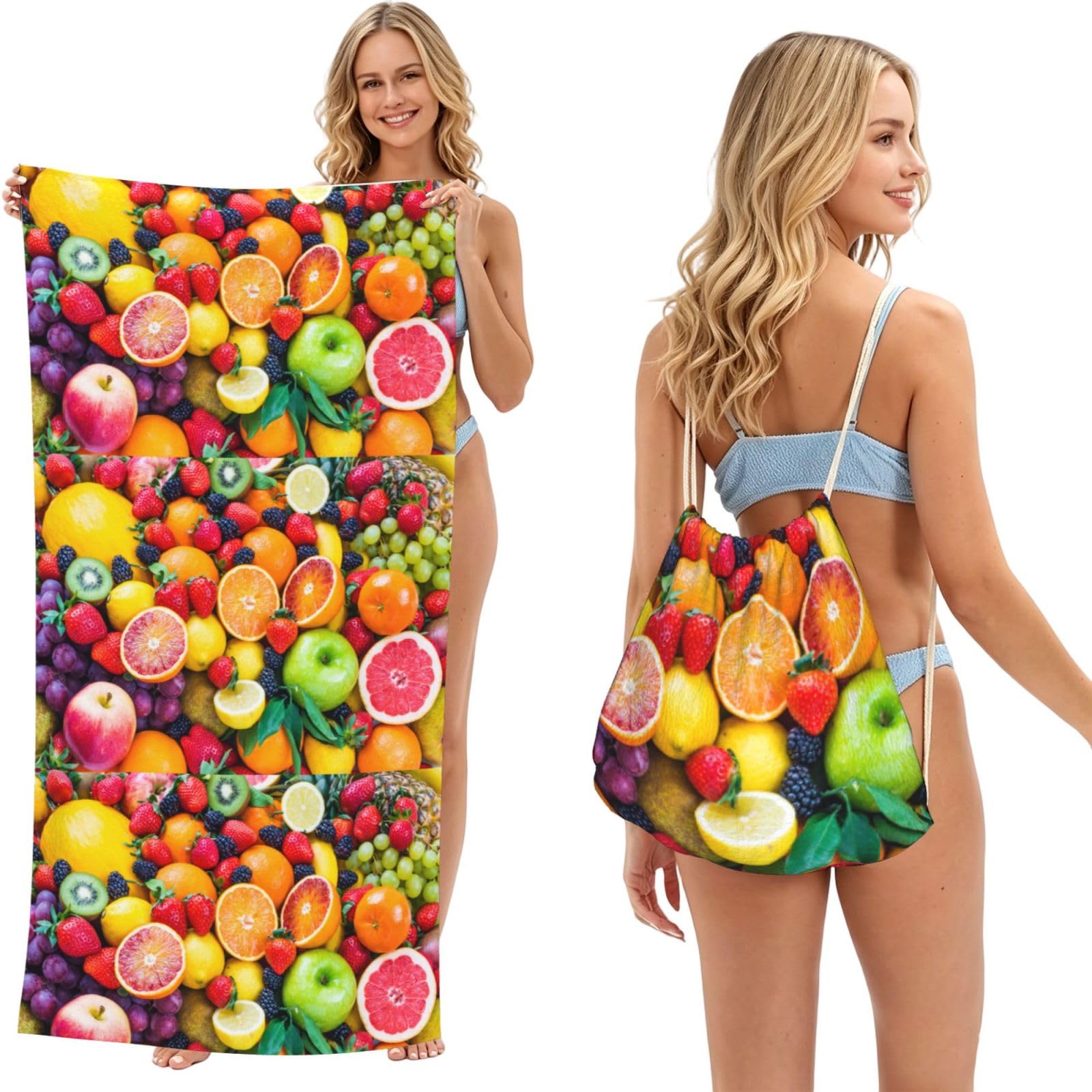Poadnly As Picture Fresh Fruits, 2 In 1 Packable Towel Bag, Beach Towels With Drawstring Backpack For Travel Holiday Camping