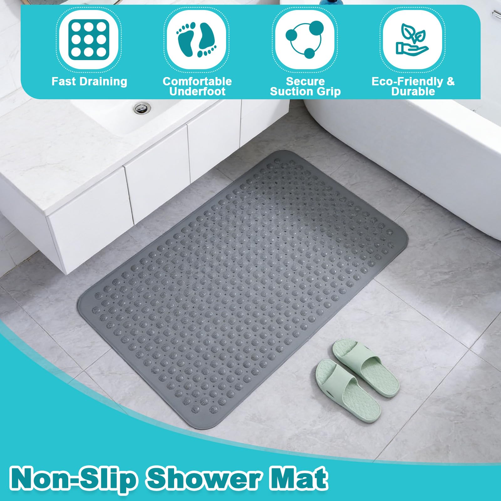 Alfombrilla Ducha Antideslizante con Ventosas y Agujeros Drenaje y 5 Ganchos, Alfombra Ducha PVC 80x120cm, Esterilla Masaje Bañera Baño Cuadrada Lavable Máquina para Saunas y Duchas Zonas Húmedas
