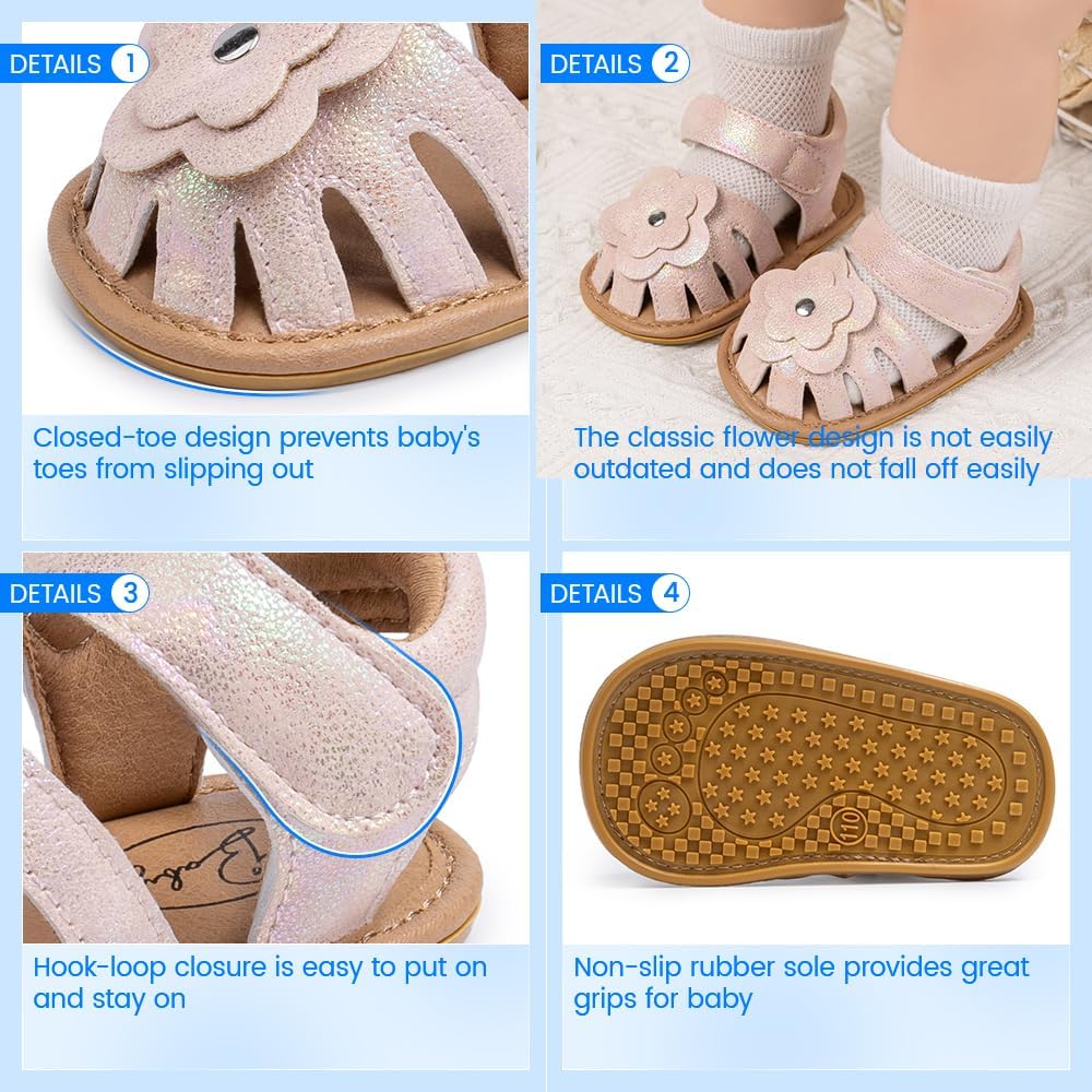 Meckior Baby Toddler Infant Girls PU Leather Soft Open Toe Summer Sandals Flower Princess Flat Shoes