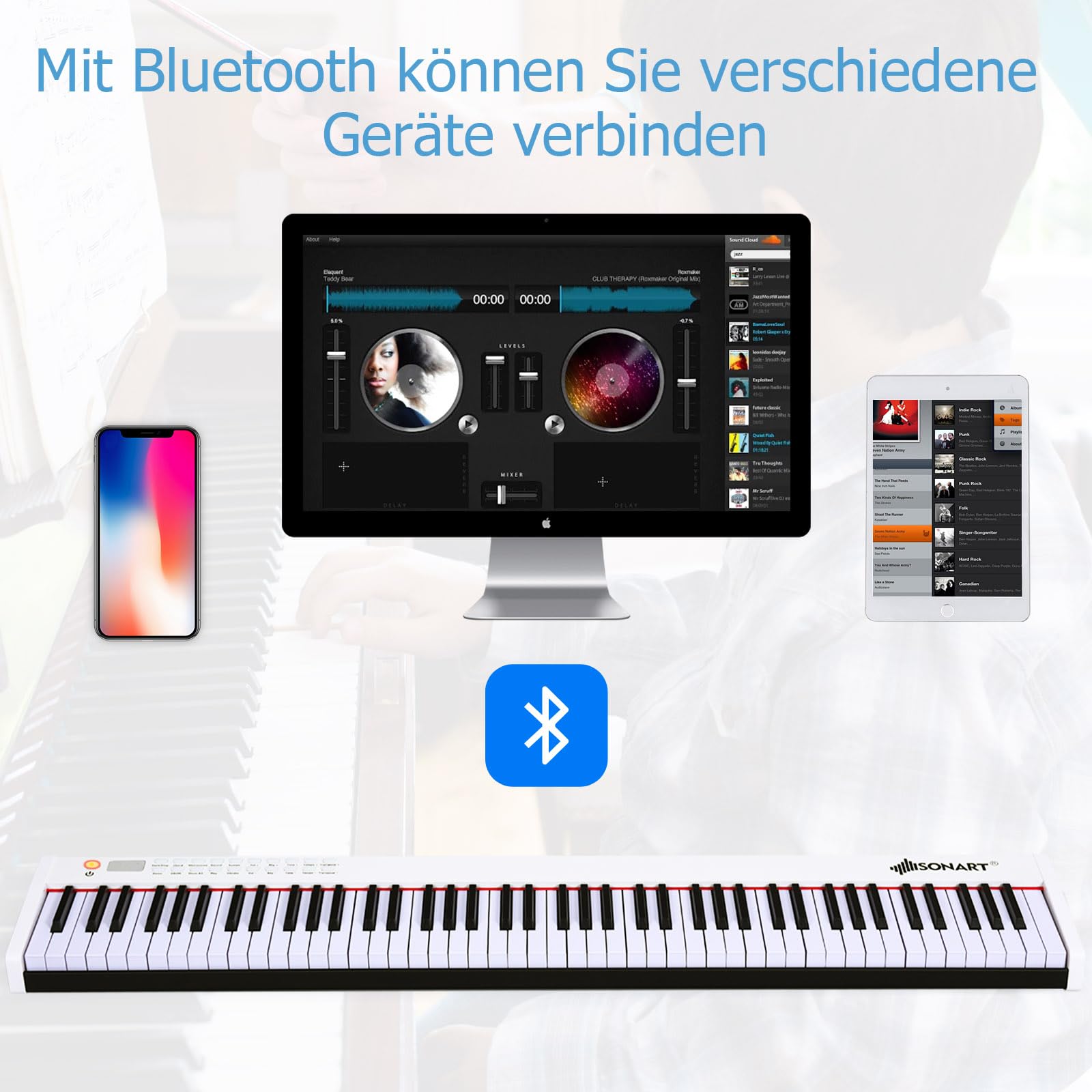 DREAMADE Keyboard Piano mit Bluetooth, E Piano 88 tasten mit 128 Rhythmen/Klänge & 20 Demo-Songs, Digital Piano mit einstellbarer Tastenstärke & Sustain Pedal & Tragetasche (Weiß)