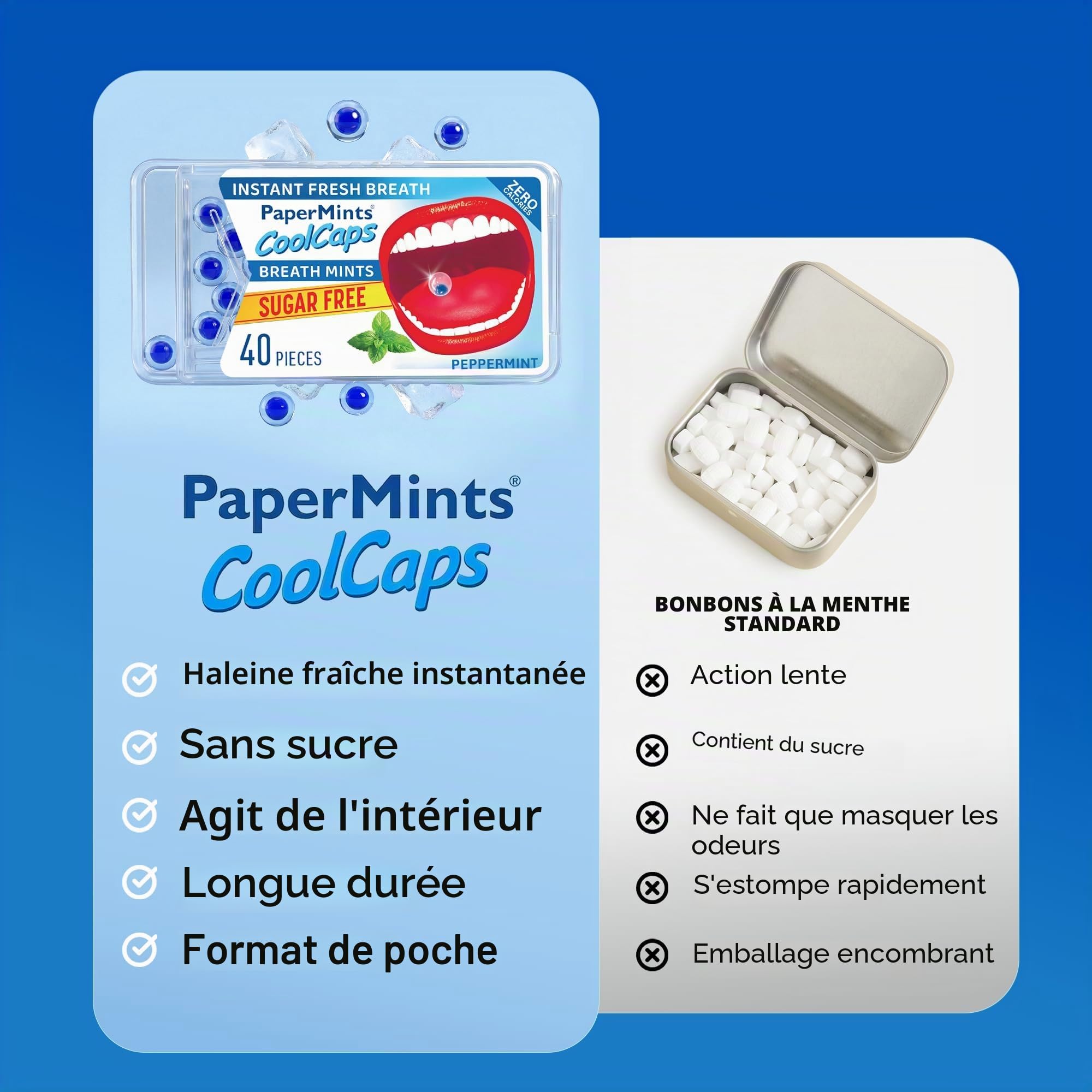PaperMints CoolCaps Lot de 4 sachets de 160 capsules Instant Fresh Haleine Menthes sans sucre Traitement extrême de la mauvaise haleine pour adultes Perles désodorisantes pour traitement de l'halitose