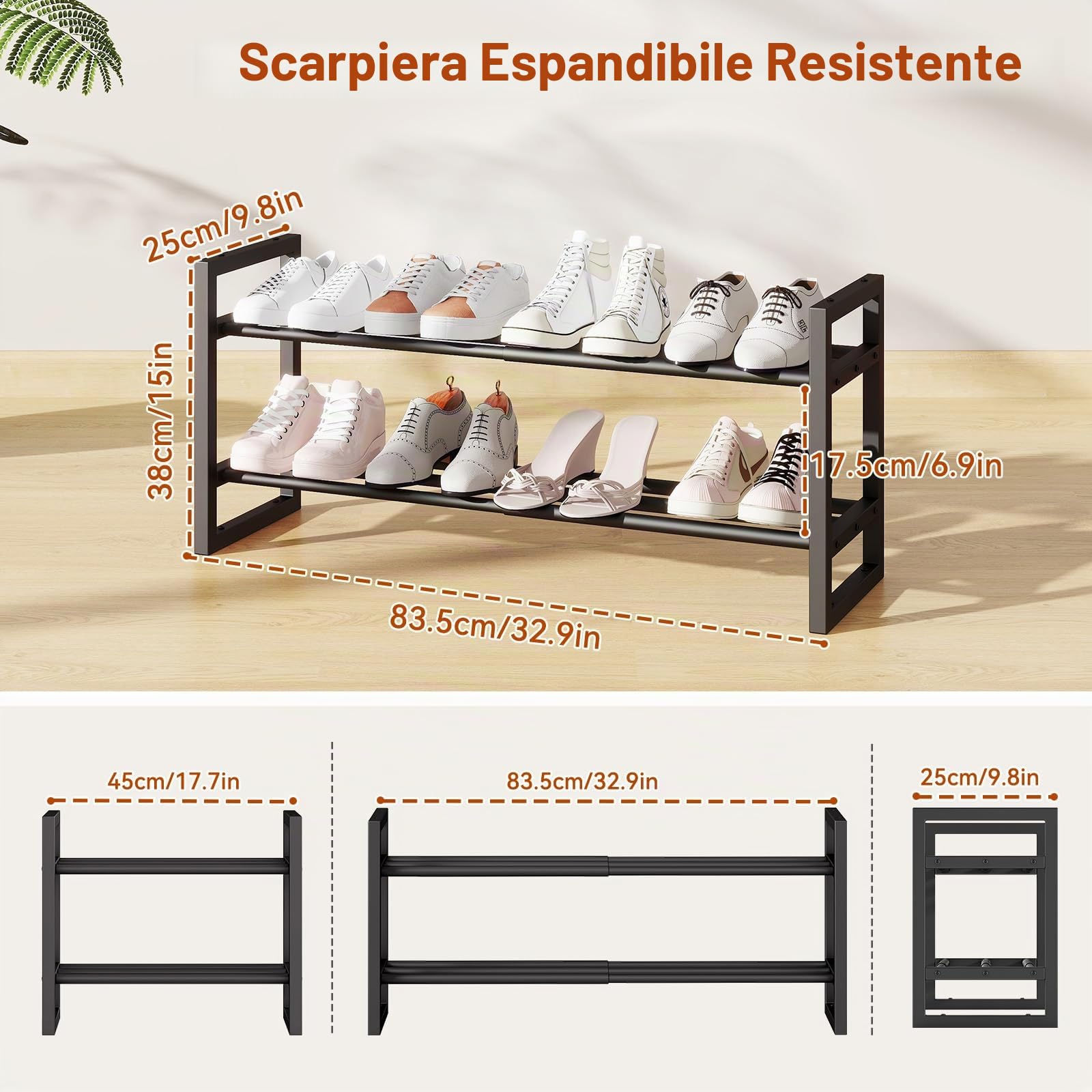 IBUYKE 2 Set di Scarpiera Espandibile, Organizer di Portascarpe Regolabile da 45-83cm, Salvaspazio Scarpiera Impilabile in Metallo per Armadio Corridoio Ingresso Soggiorno, Nero TXJ002B-2
