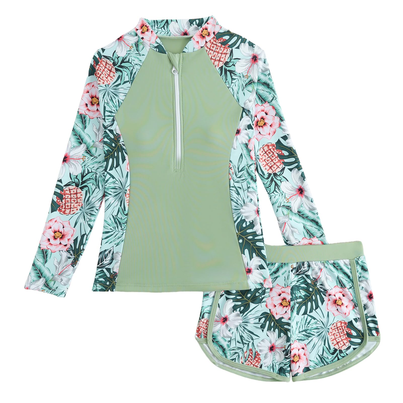 Odizli Badeanzug Mädchen Kinder Blumen Langarm Reissverschluss Badeshirt + Badeshorts Tankini Set