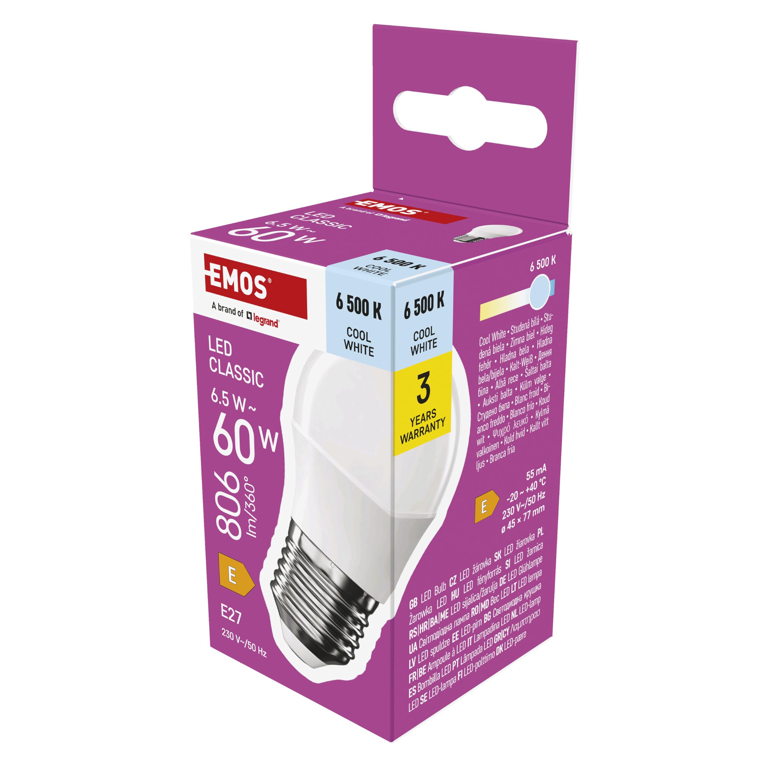 Emos Cold White Led Light Bulb Mini Globe, 6.5 W Replacement For 60 W Light Bulb, Small Bulb With E27 Socket, Brightness 806 Lm, Cool White 6500 K, 30,000 H Life, Cri Min. 80, 150° Beam Angle