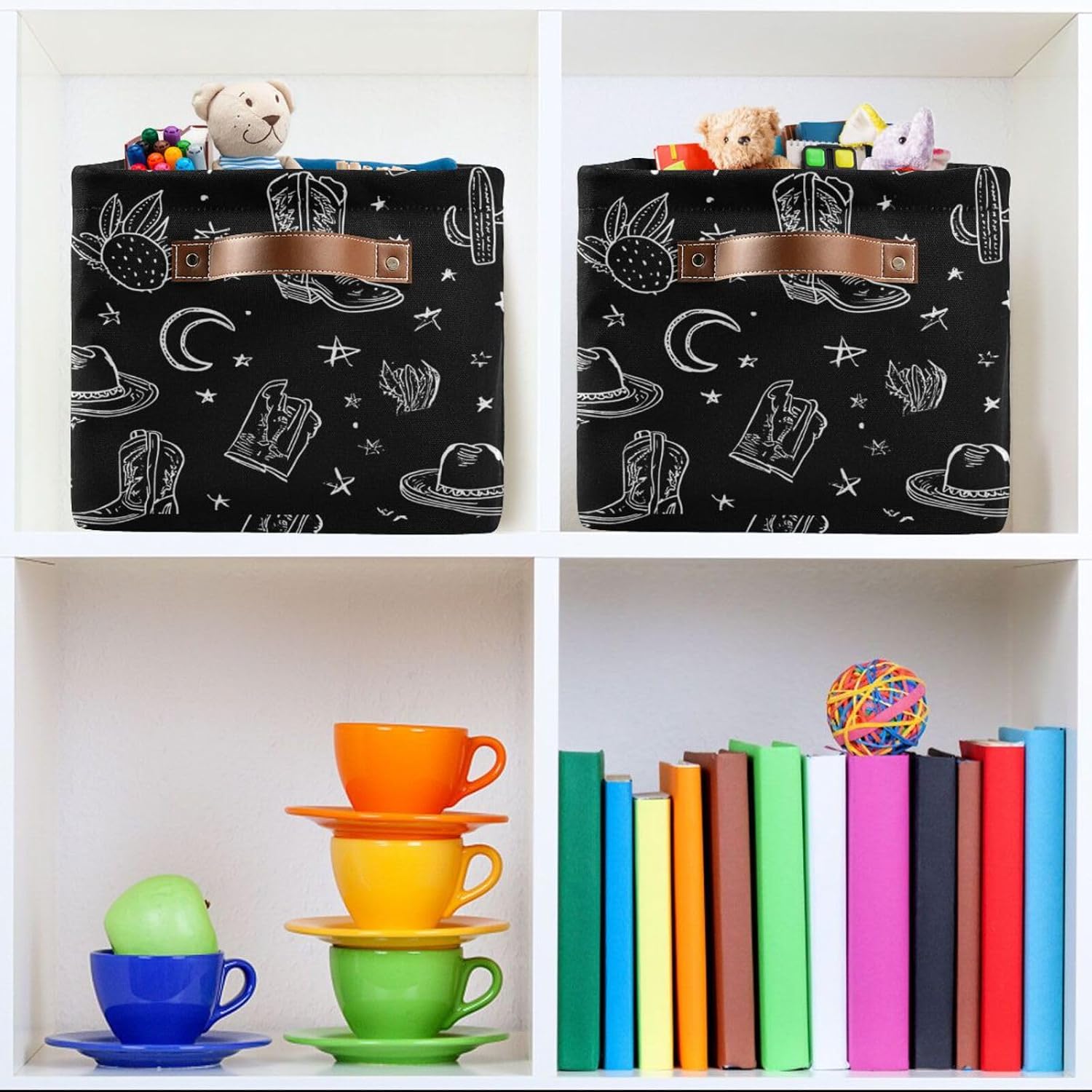 linqin Western Theme Cactus Cowboy Boho Pattern Rectangle Storage Basket Collapsible Storage Bin for Nursery Books Waterproof Baskets for Closet Shelves Bedroom Decor