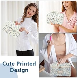 Large Travel Quilted Makeup Bag for Women,Big Floral Cotton Cosmetic Bag, Cute Coquette Aesthetic Floral Toiletry Organizer Bag (Blue Flower)