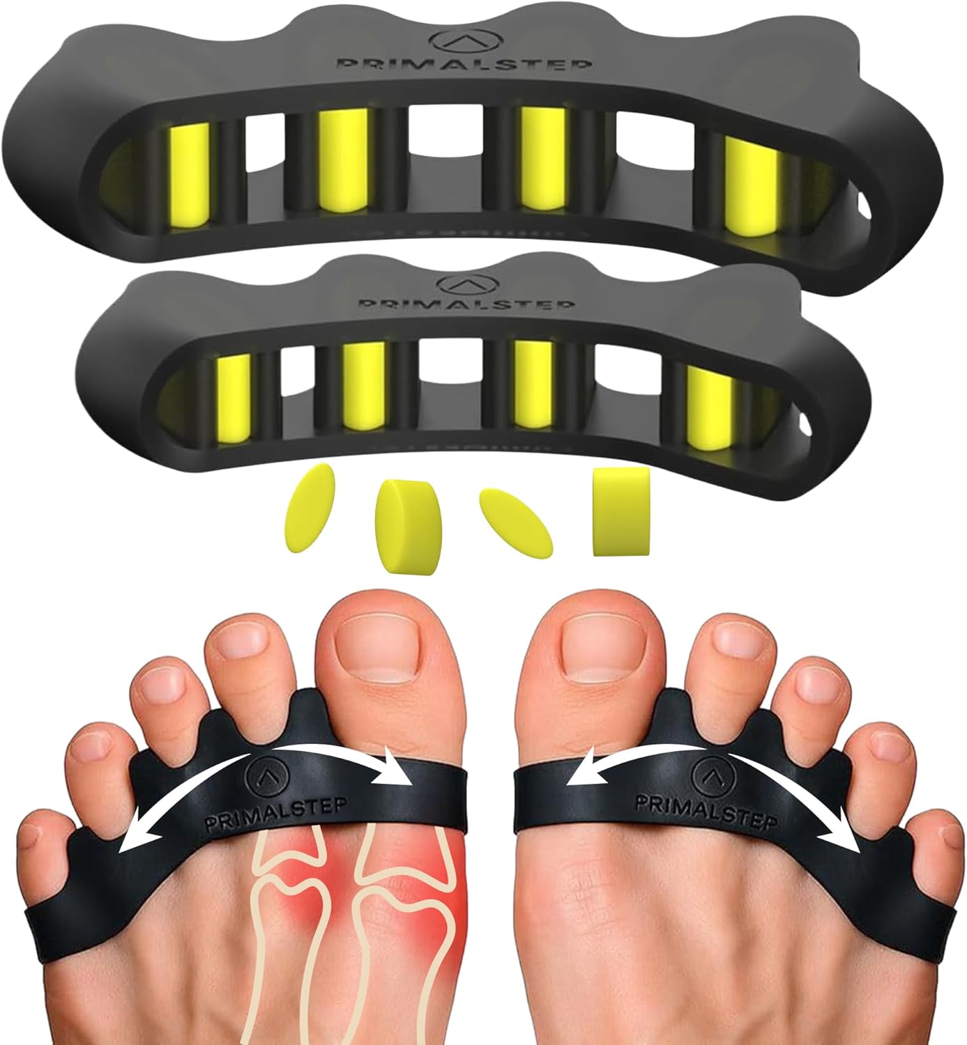 VYCE PrimalStep Fully Adjustable Toe Separators - Over 50% Thicker & More Durable - Doctor Recommended, Multiple Patents Pending - Stretches to Fit - 4 Pack Adjustable Bundle (1 Pair Size S/M & 1 Pair