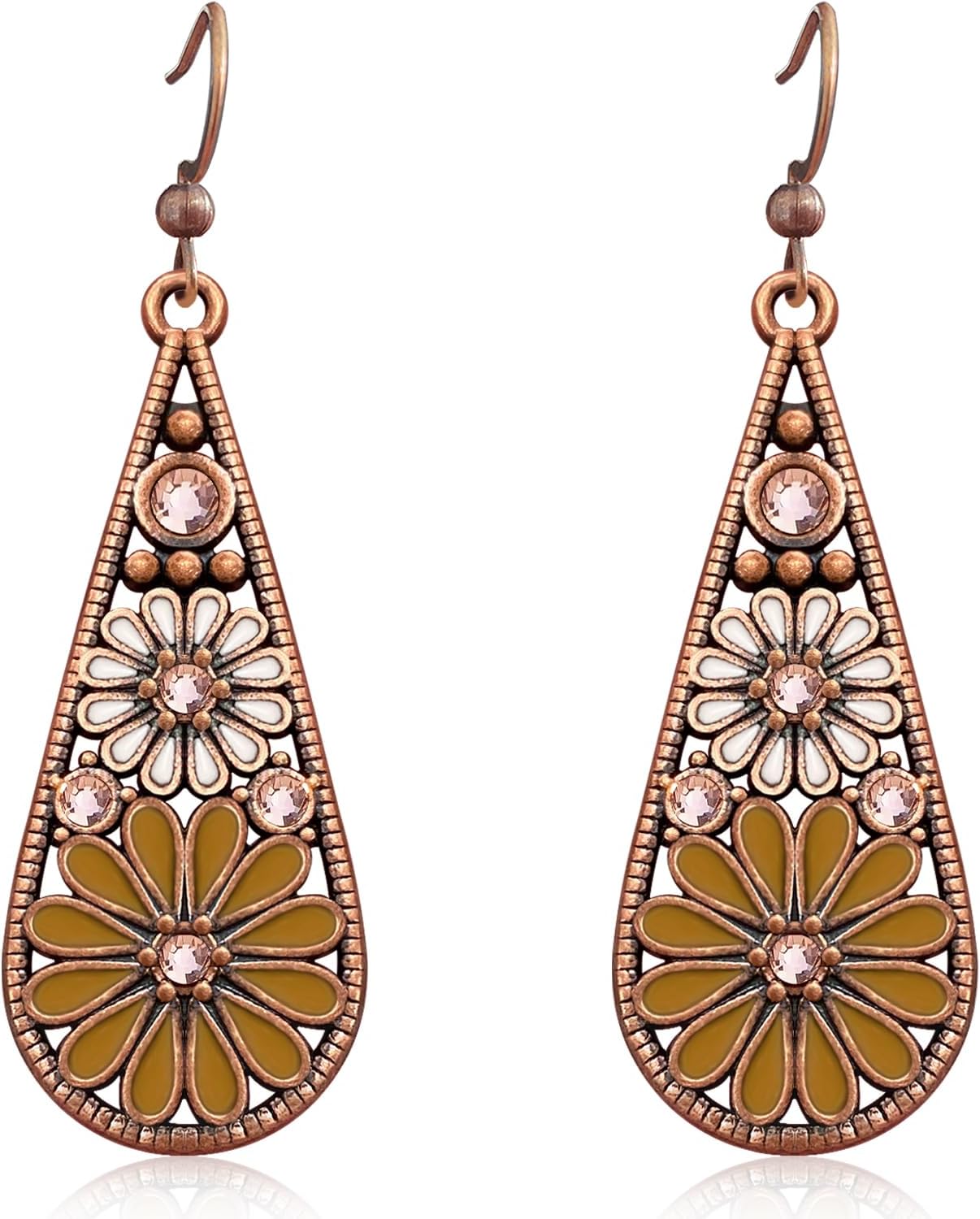 Handmade Bohemian Tribal Retro Copper Crystal Teardrop Dangle Drop Earrings National Style Geometry Colorful Enamel Flower Hook Earrings for Women