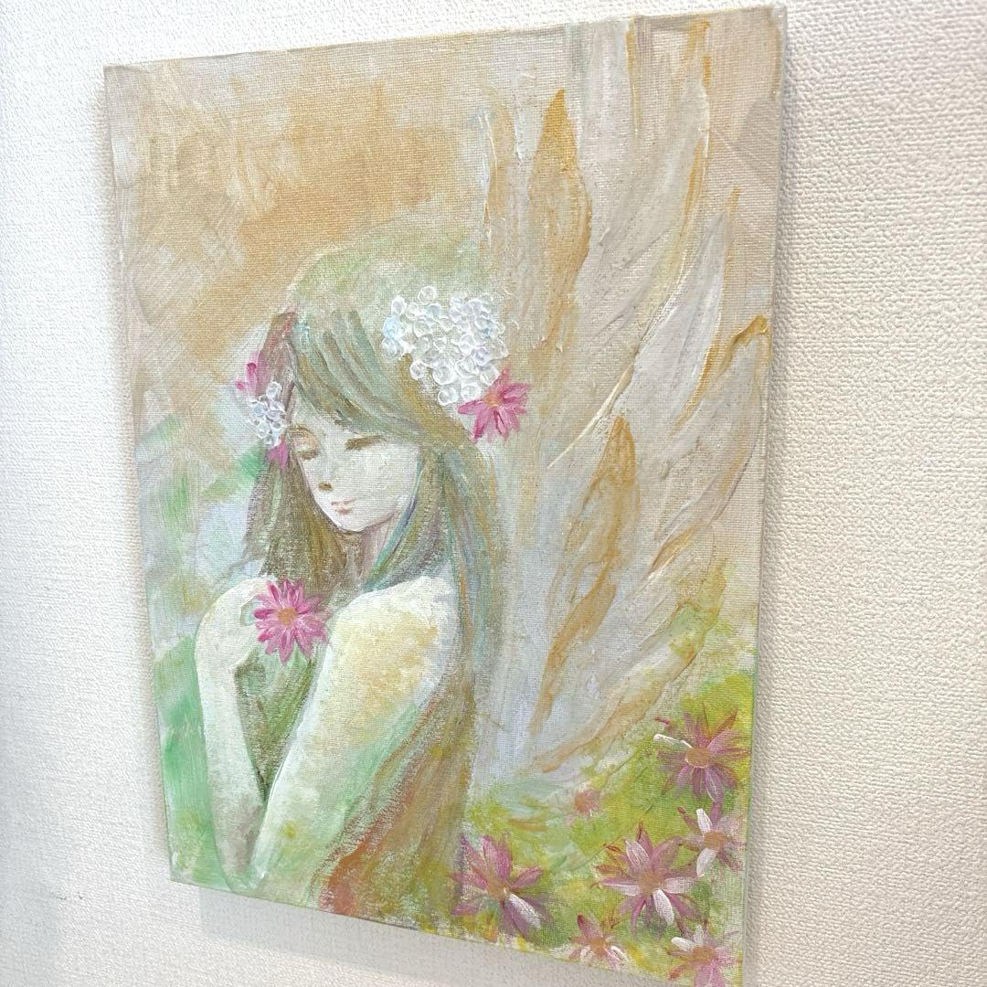 花束と天使のアクリル画 原画　癒しのインテリア テクスチャーアート Amazon.co.jp: テクスチャーアート アクリル画 花の絵 天使