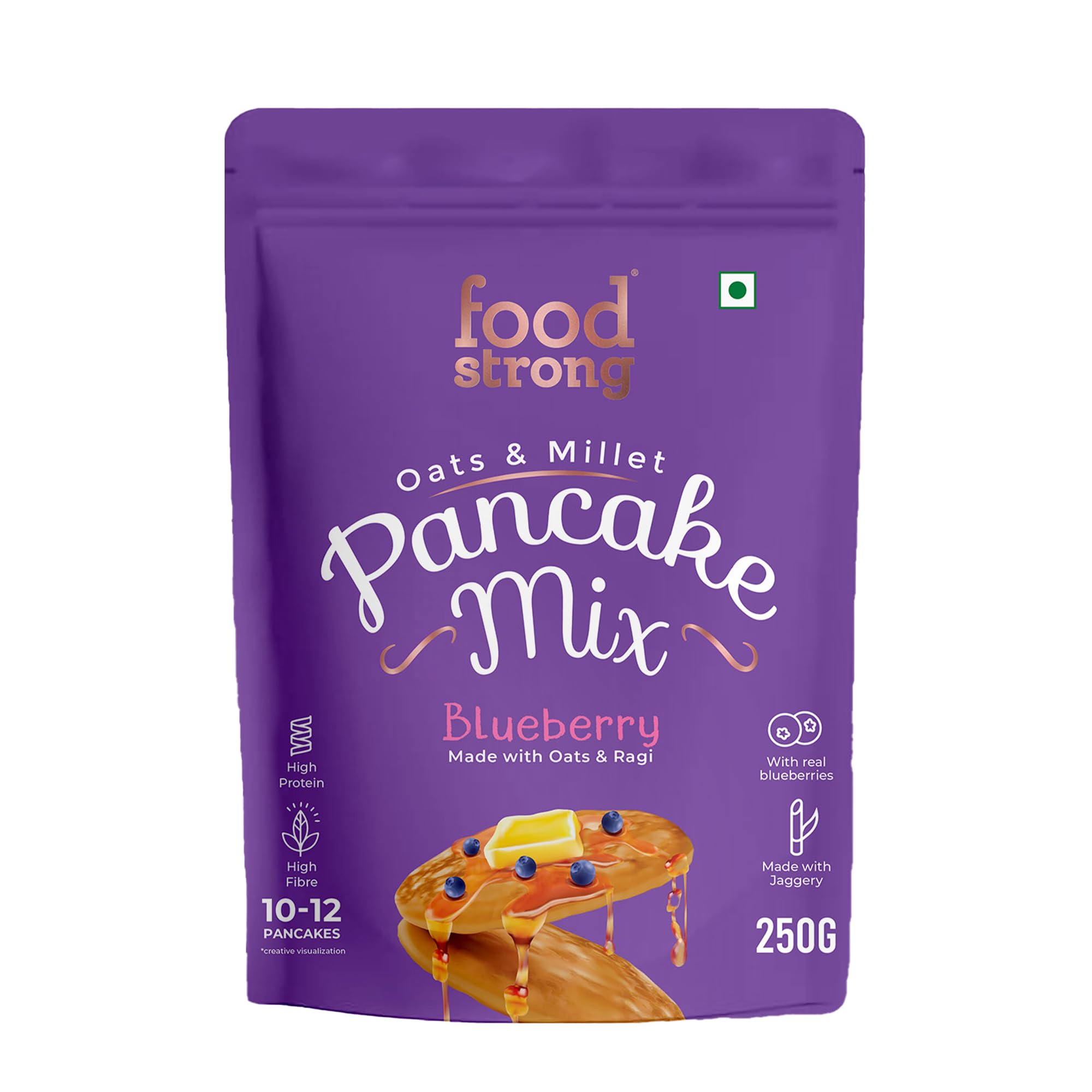 Foodstrong Oats and Millets Blueberry Pancake Mix, High Protein & Fibre, No Maida, No Refined Sugar - Made With Jaggery, Eggless Instant Breakfast Mix 250 g