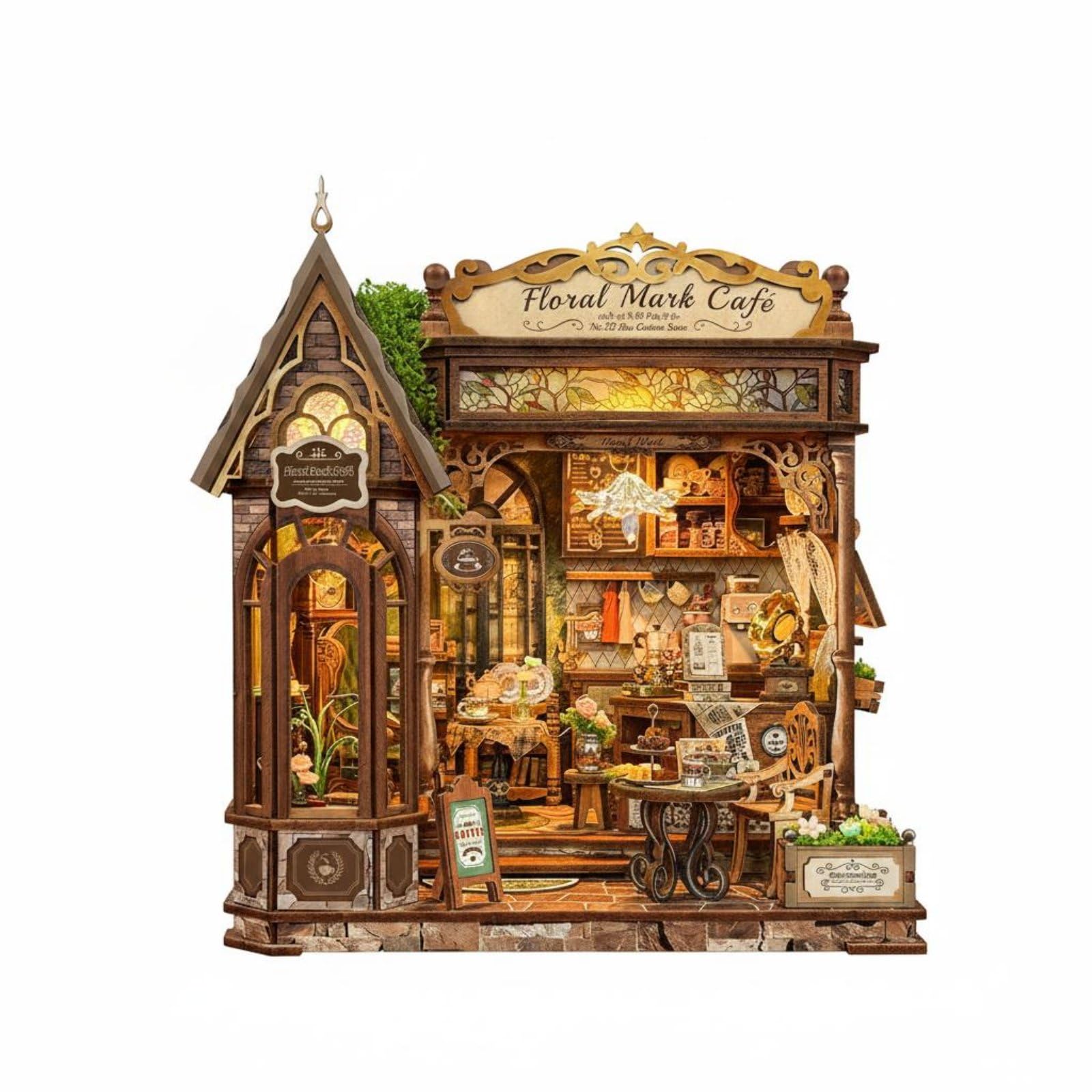 Milageto DIY Miniature House Miniaturhaus Bausatz Puppenhaus Holzbausatz Kaffeehaus Modell mit Sitzbereich Tresen Und Deko für Kreative für Erwachsene Büro Vitrine Zuhause