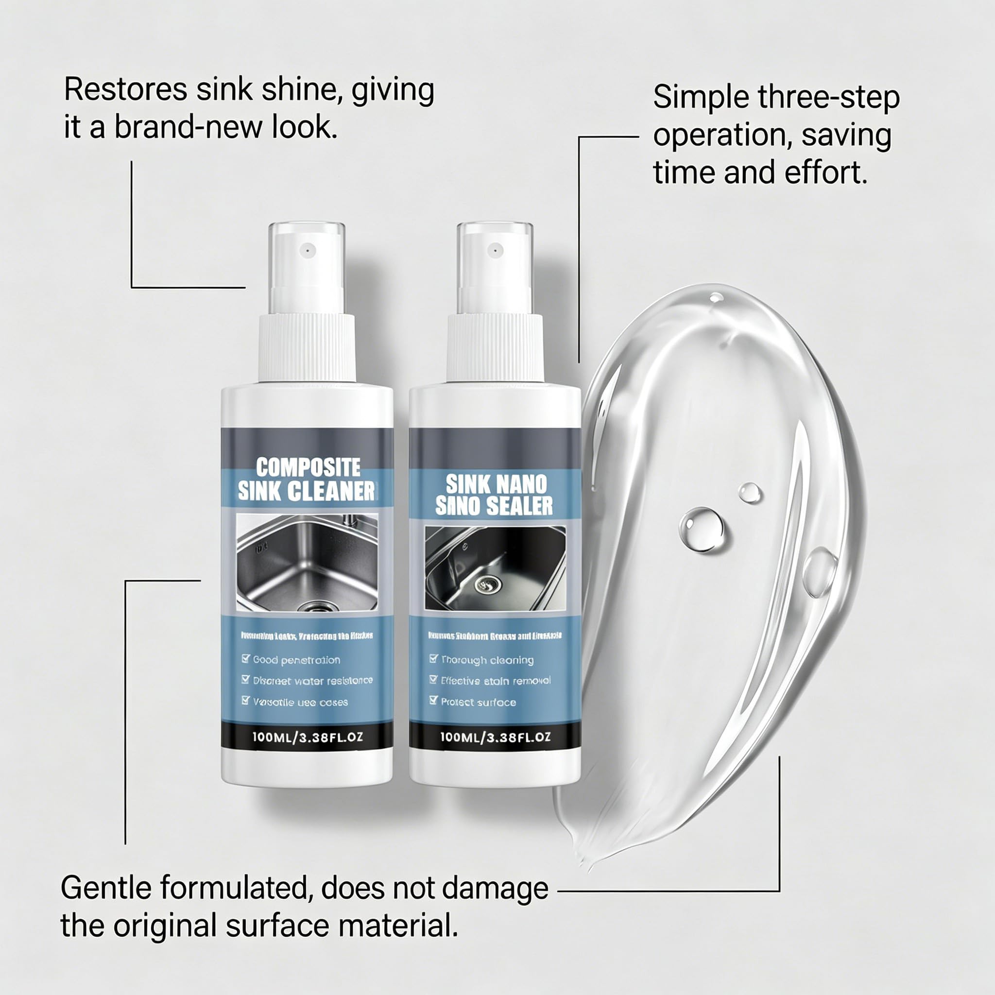 Kit de limpieza de fregadero, limpiador multiusos, limpiador de cocina y baño, elimina eficazmente la cal, la suciedad de jabón y la grasa en el fregadero, forma una capa protectora impermeable (3