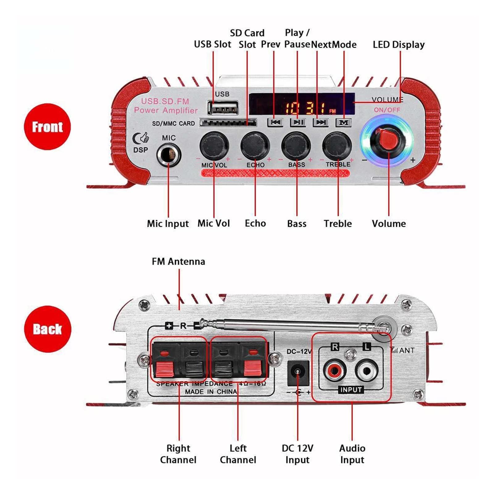 Amplificador, HY60 600W 2.0CH HIFI Amplificador de audio LCD Mostrar Clase D Power Amplificador Radio Casa Home Super Altavoz FM USB SD(Nero)