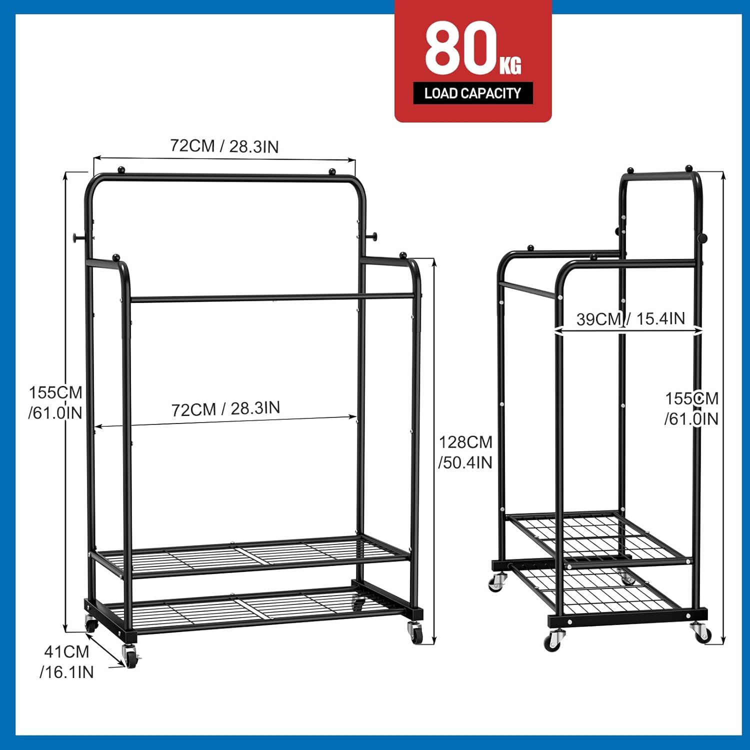 Metal Clothes Rack With Wheels: Freestanding Clothing Rack With Two-Tiers Shelves for Hanging Clothes & Sundries Storage, Garment Rack for Bedroom, Laundry, Living Room, Black