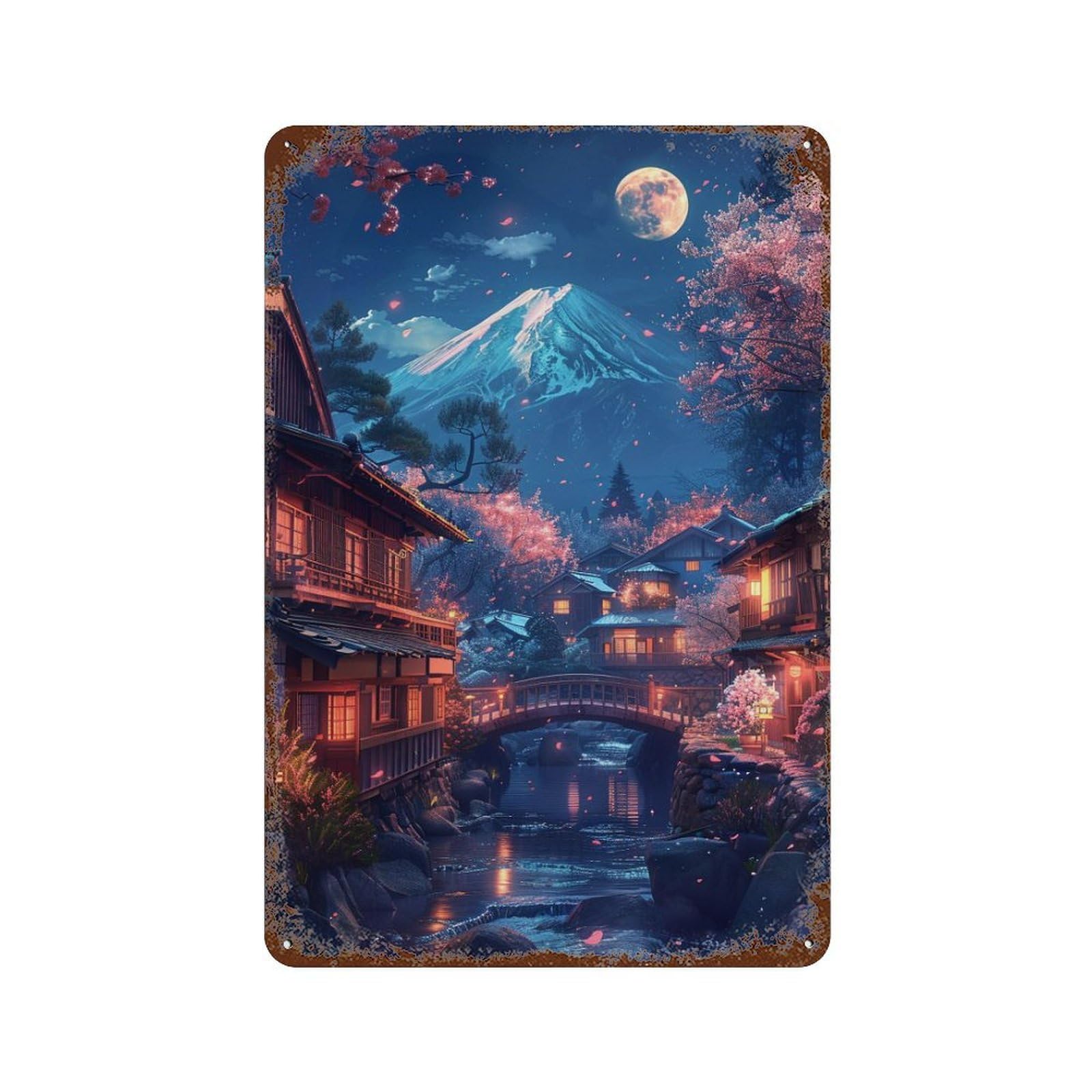 Cherry Blossom Village Night Scene Vintage Metal Tin Sign 11.8"x7.9", Ideal for Living Room, Hallway And Home Decor