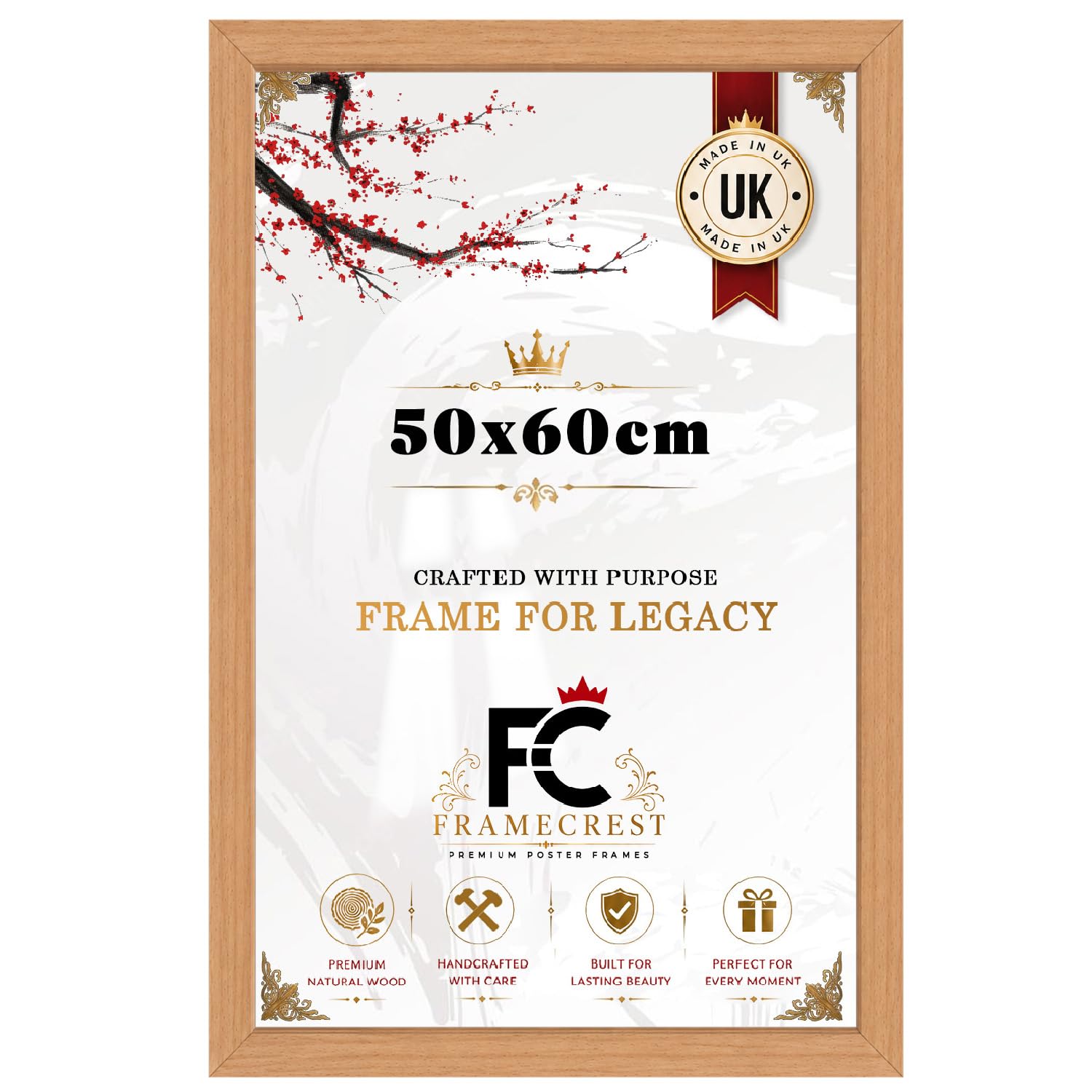 FRAMECREST Premium MDF Poster Frame 50x60cm | Solid Engineered Wood | Durable Rectangle Frame for Photos, Posters & Artwork - [Beech]