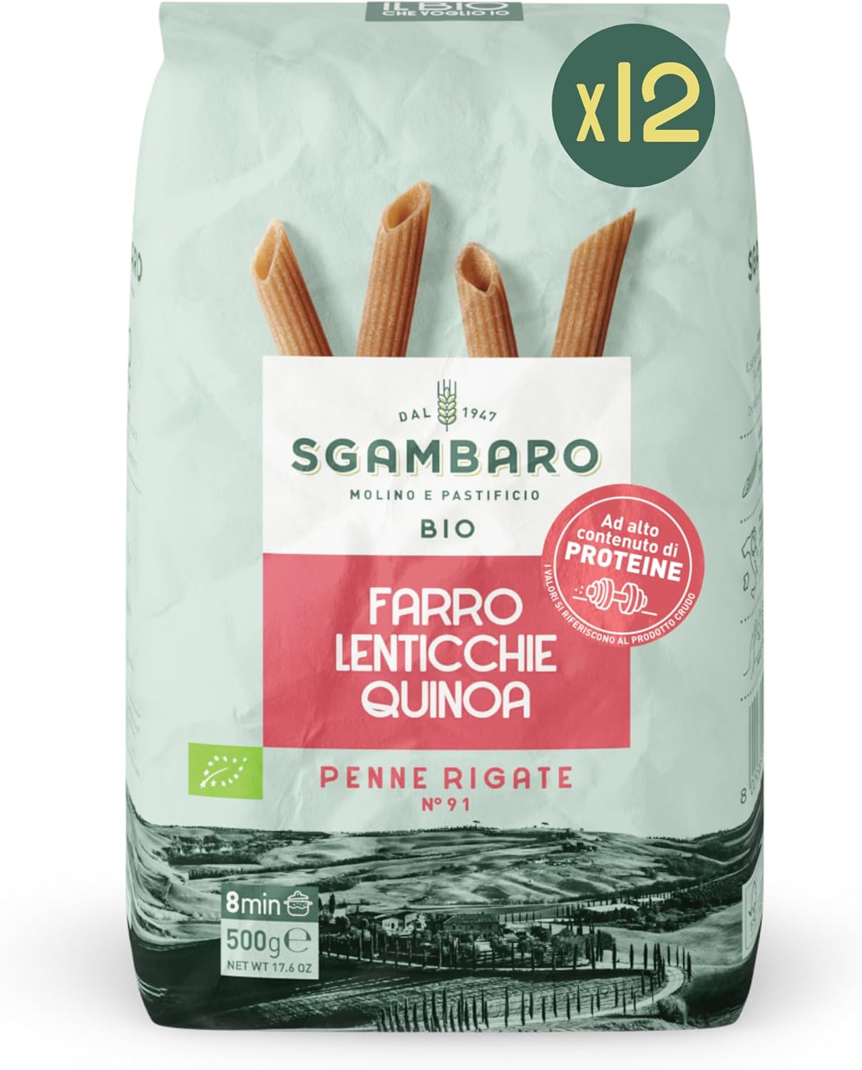 Sgambaro Pasta Bio Penne Rigate N.91 - 12 Pack da 500 g con Farina di Farro, Farina di Lenticchie e Farina di Quinoa - Ricche di Proteine e con Basso Indice Glicemico