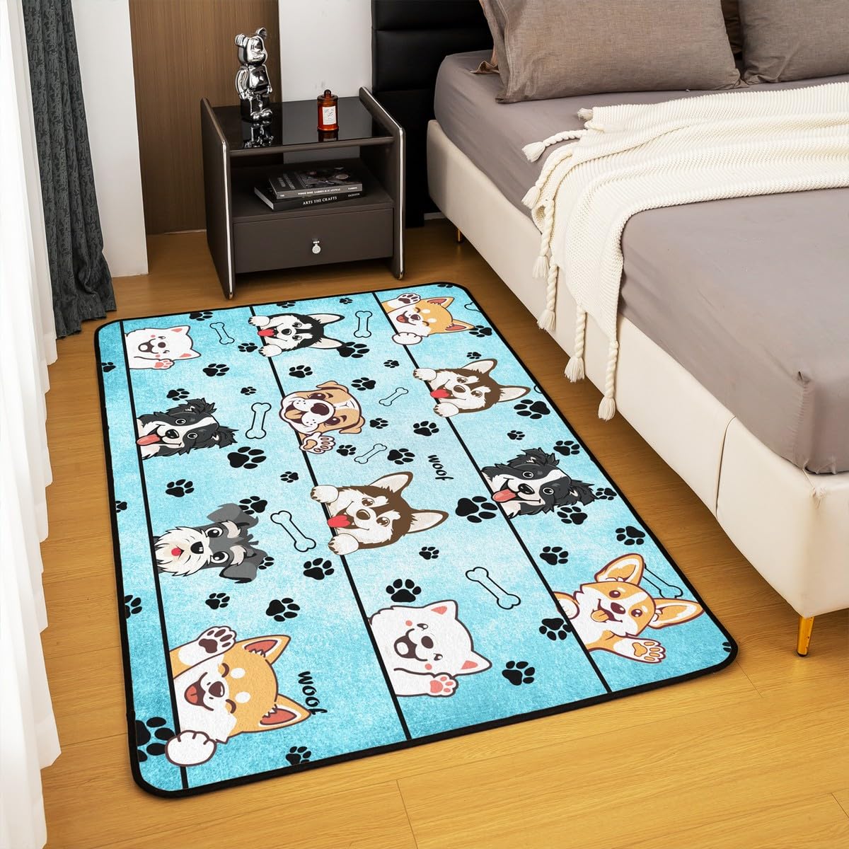 Lovely Dog Area Rug 3'x5',Cute Puppies Cartoon Animal Decor Non Shedding Rug for Kids Teen Adults,Kawaii Paw Print Blue Decorative Carpet for Playroom Bedroom Dining Room