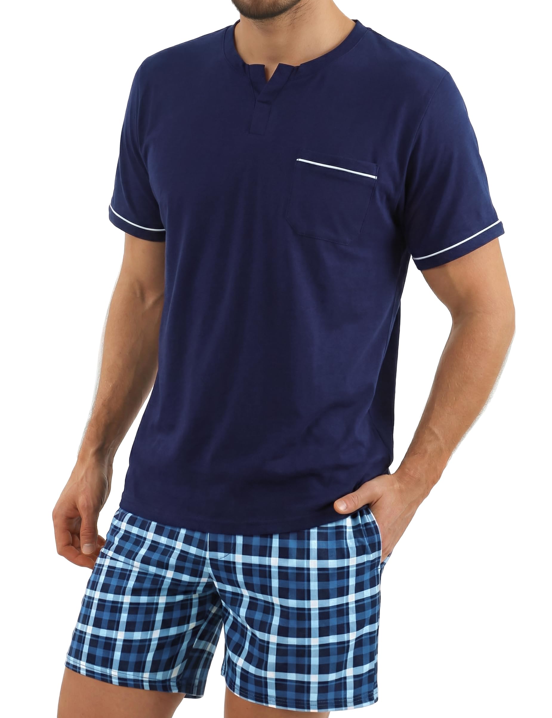 Men's Short Cotton Shorty Pyjama Set Summer Two-Piece Checked Men's Sleepwear-image-38