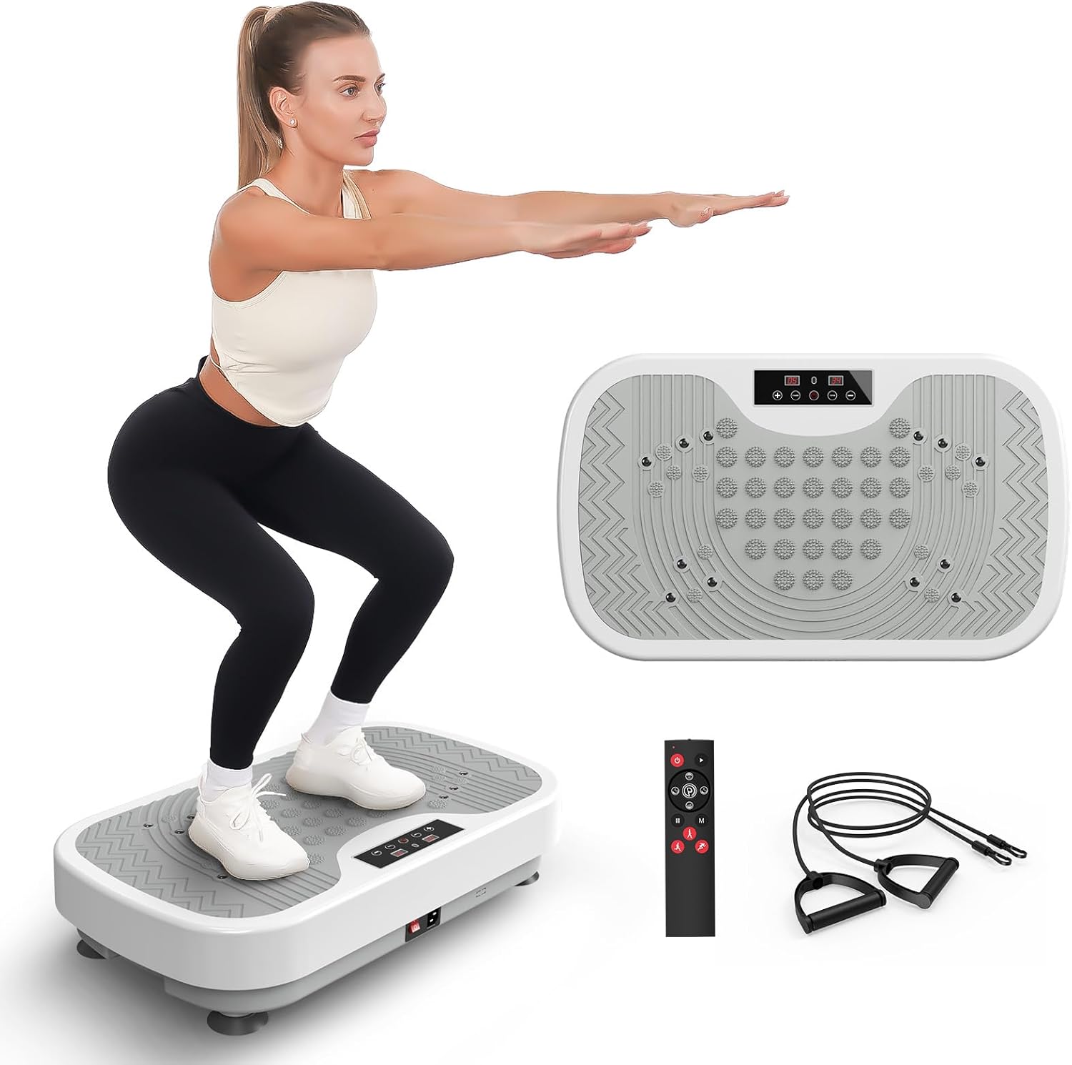 A woman performing squats on the JOROTO JV30 Vibration Plate, with the remote control and resistance bands visible beside the plate.