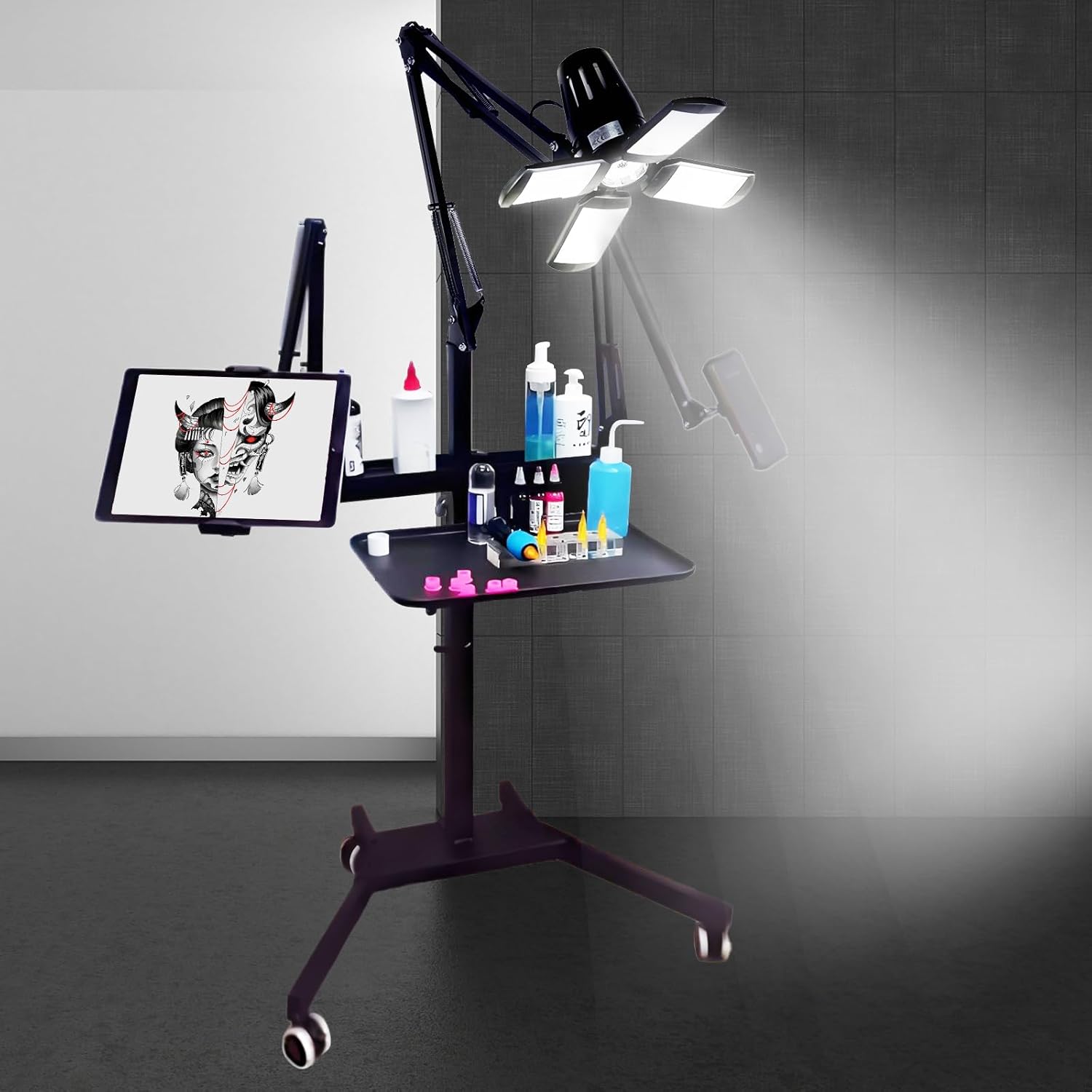 Multifunctional Tattoo Workstation,Tattoo Tray Cart with Tattoo Light& Wheels,Mobile Phone,ipad Tablet Holder, Tattoo Ink Magnetic Tray,for Tattoo & Salon Studio